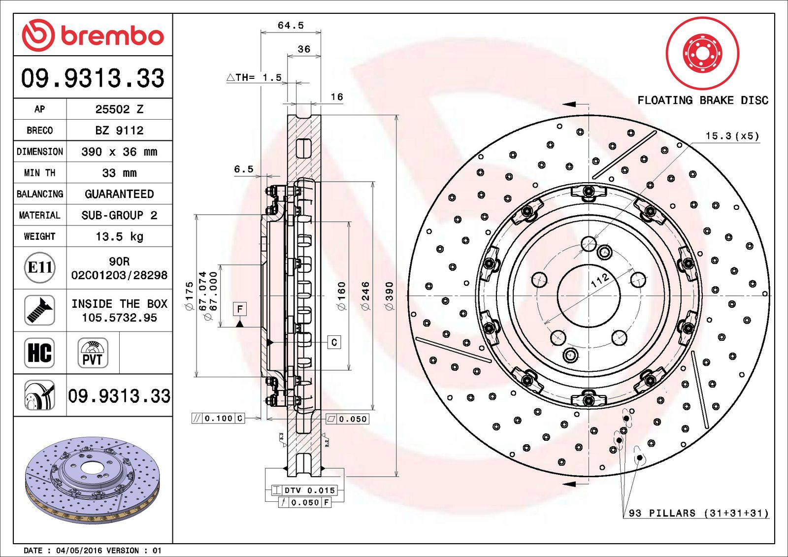 PRIME Floating Front Disc Brake Rotor - 09.9313.33_07