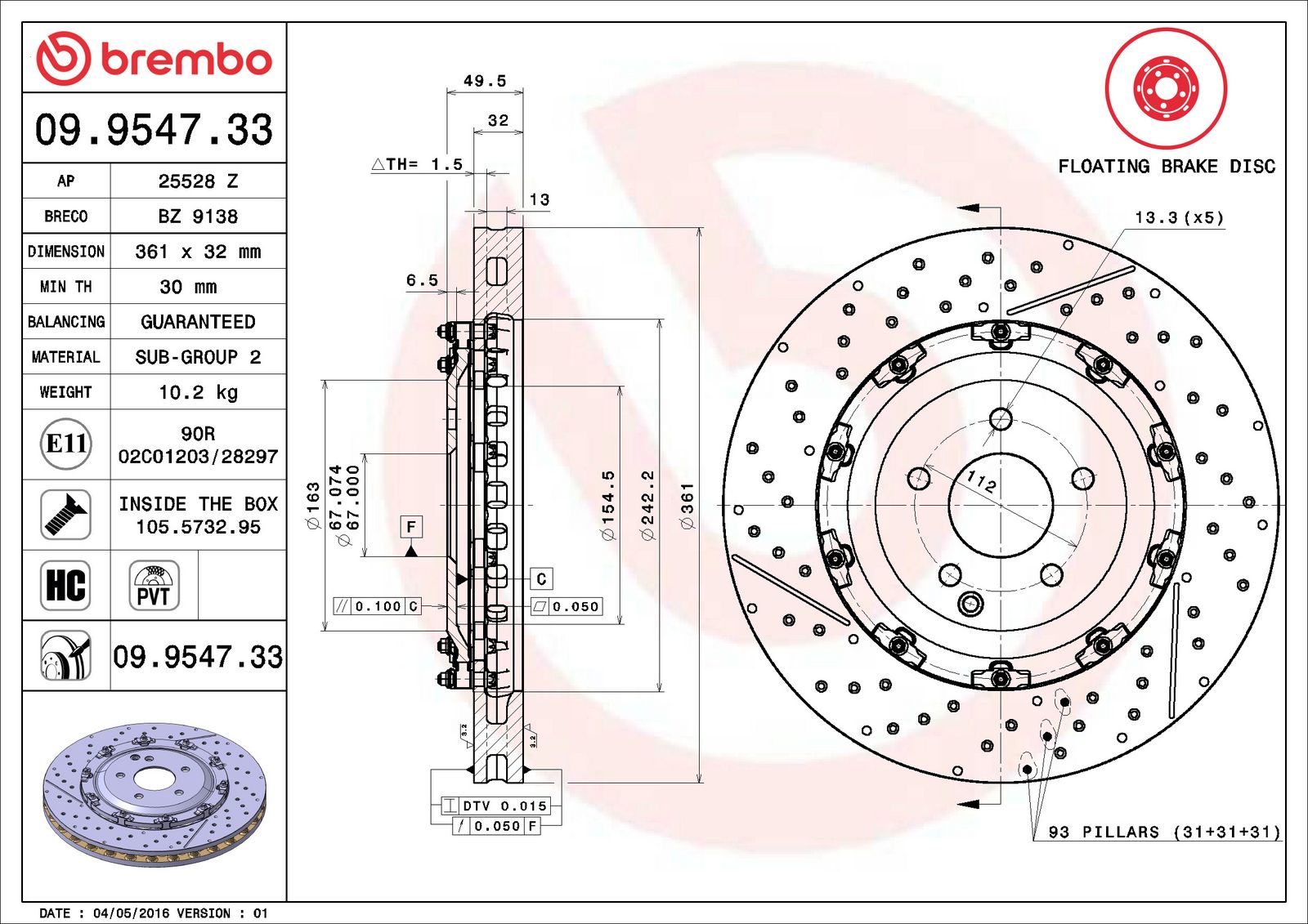 PRIME Floating Front Disc Brake Rotor - 09.9547.33_06
