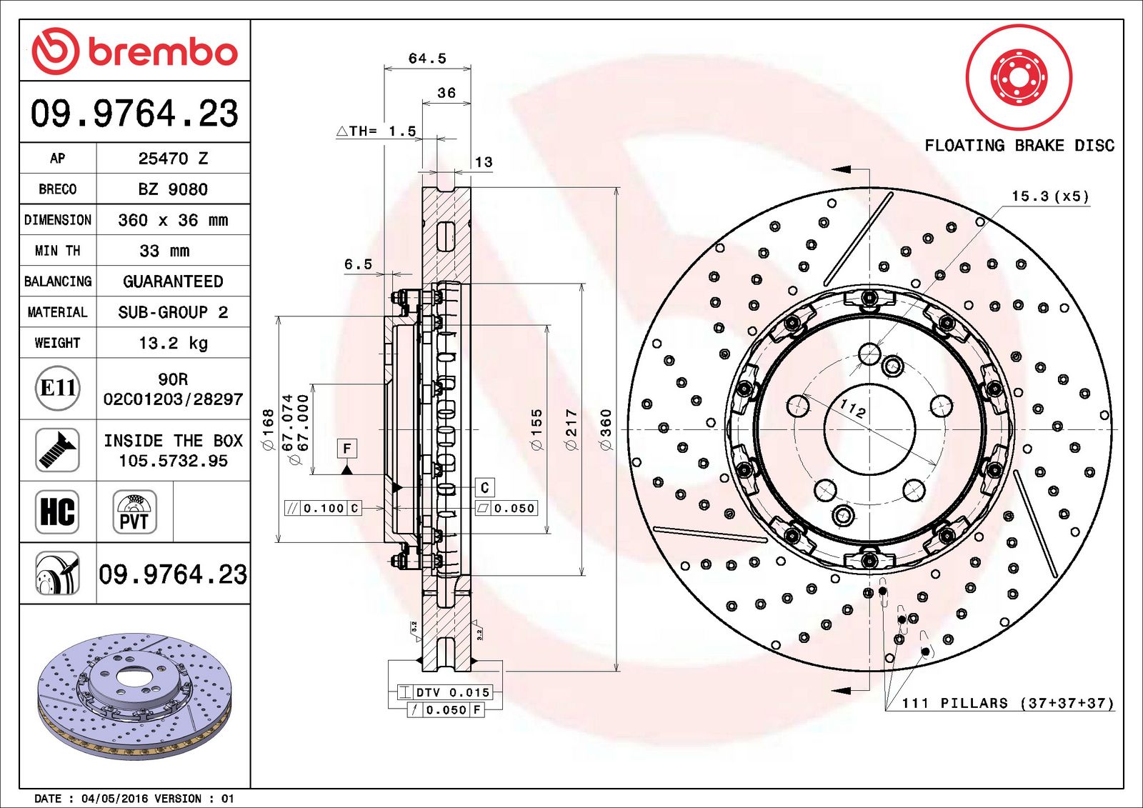 PRIME Floating Front Disc Brake Rotor - 09.9764.23_07