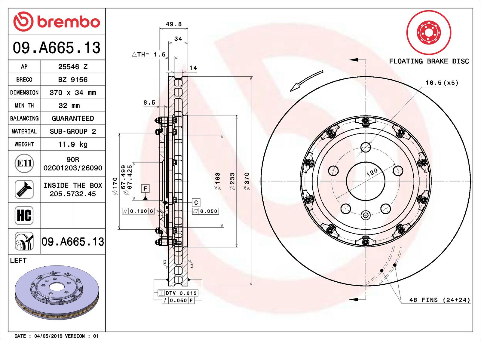 PRIME Floating Front Left Disc Brake Rotor - 09.A665.13_06
