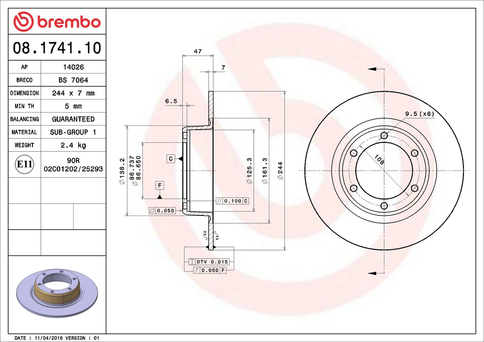 PRIME Front Disc Brake Rotor - 08.1630.10_06