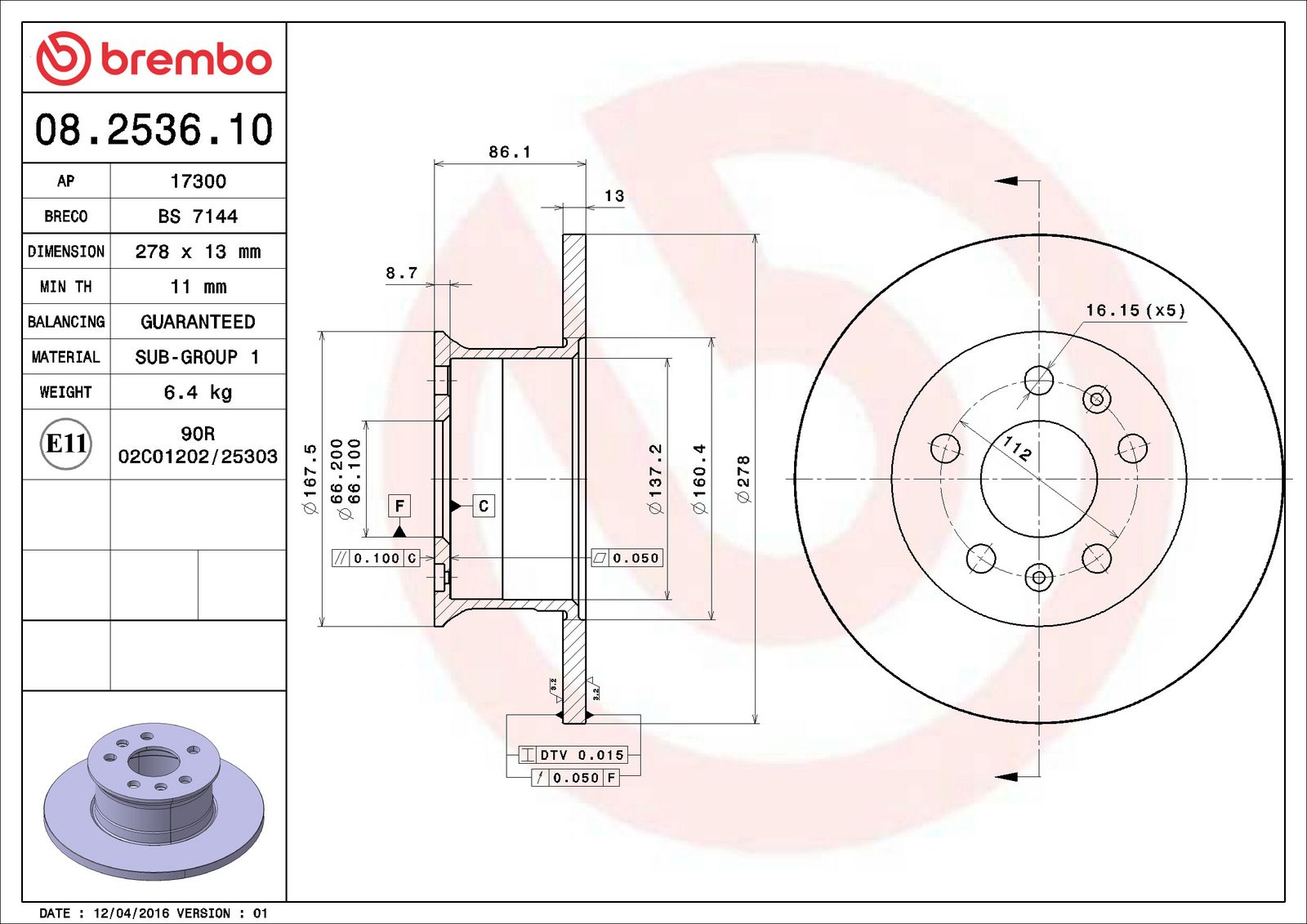 PRIME Front Disc Brake Rotor - 08.2536.10_06