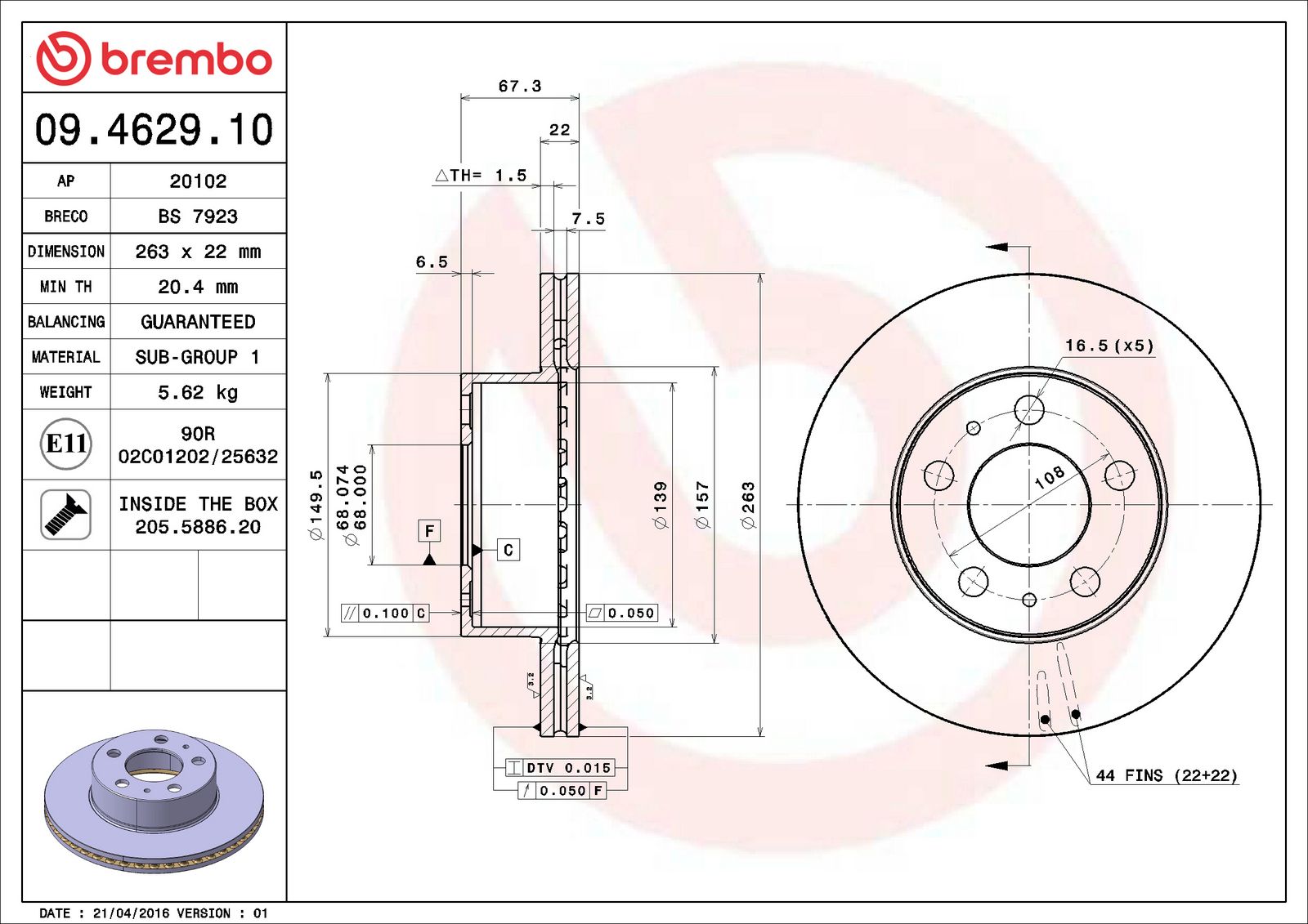 PRIME Front Disc Brake Rotor - 09.4629.10_06