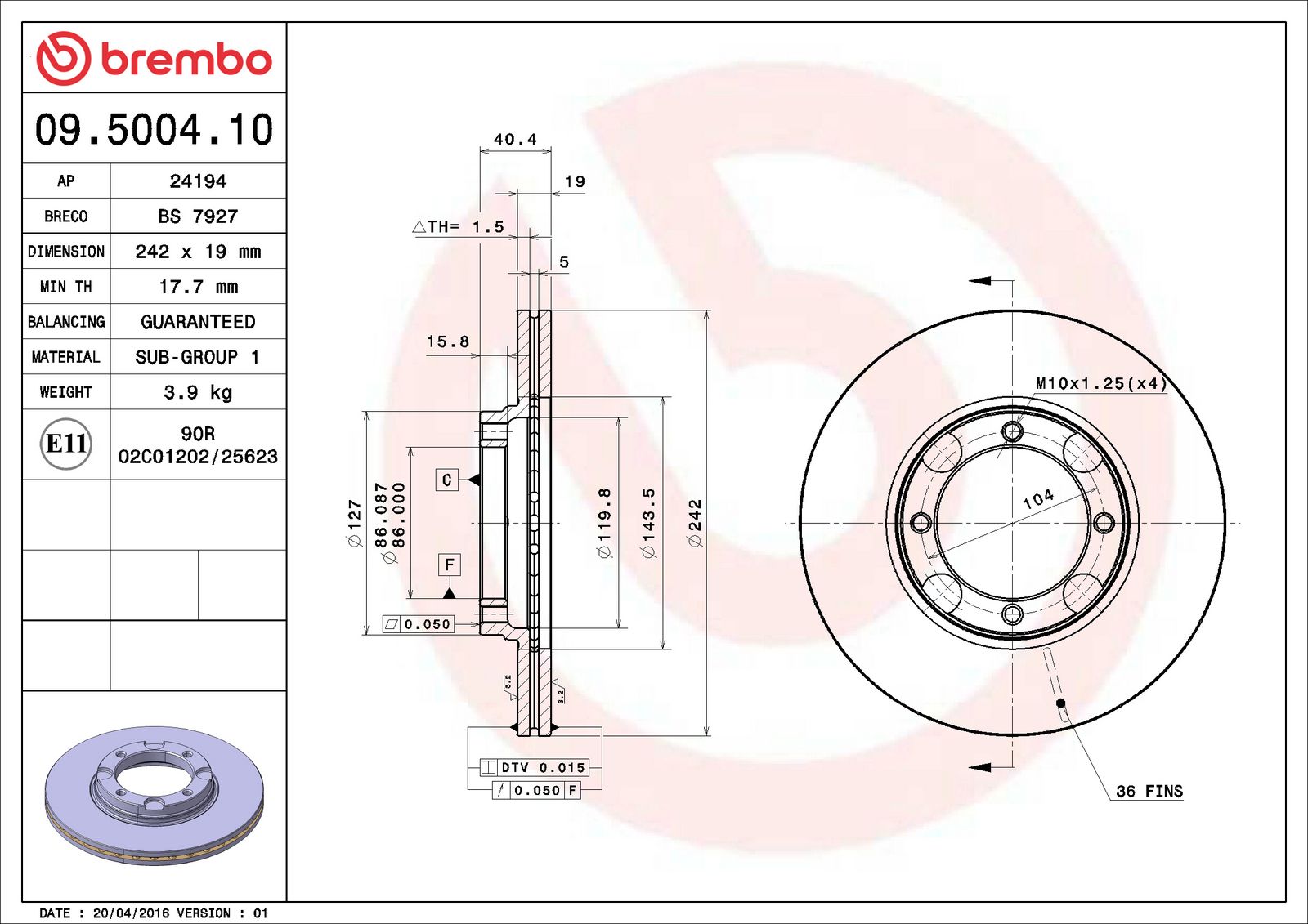 PRIME Front Disc Brake Rotor - 09.5004.10_06