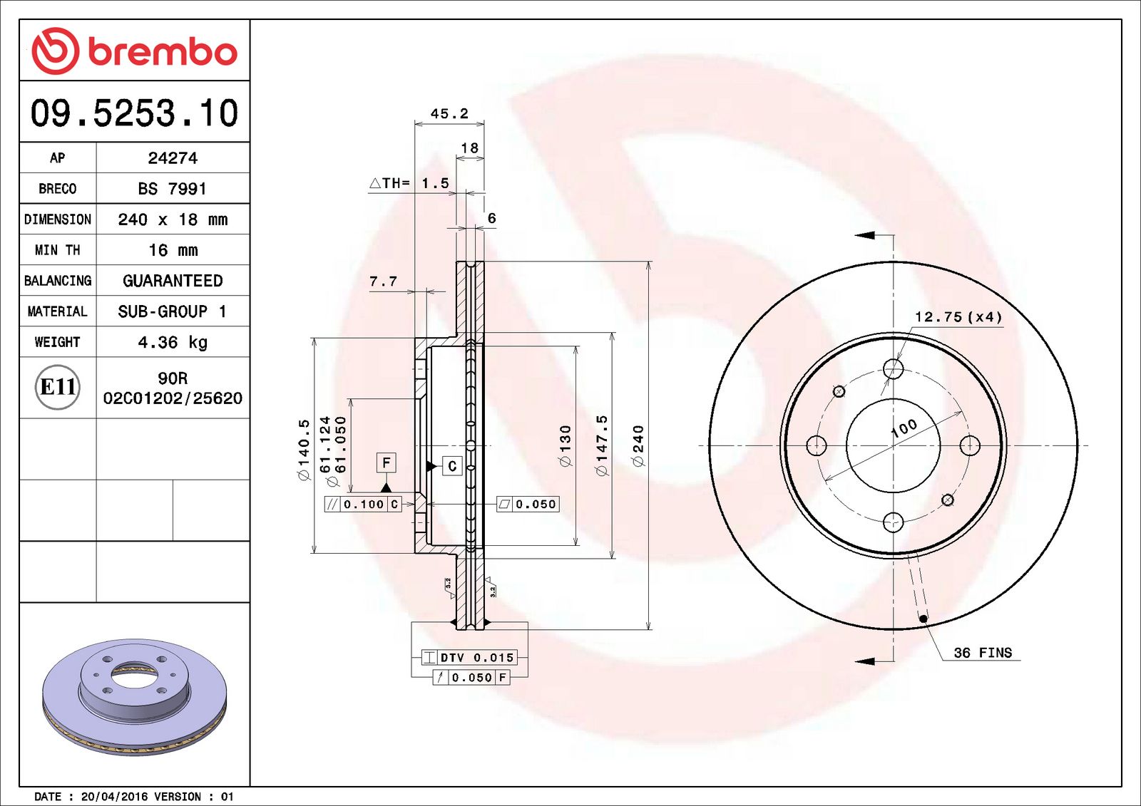 PRIME Front Disc Brake Rotor - 09.5253.10_06