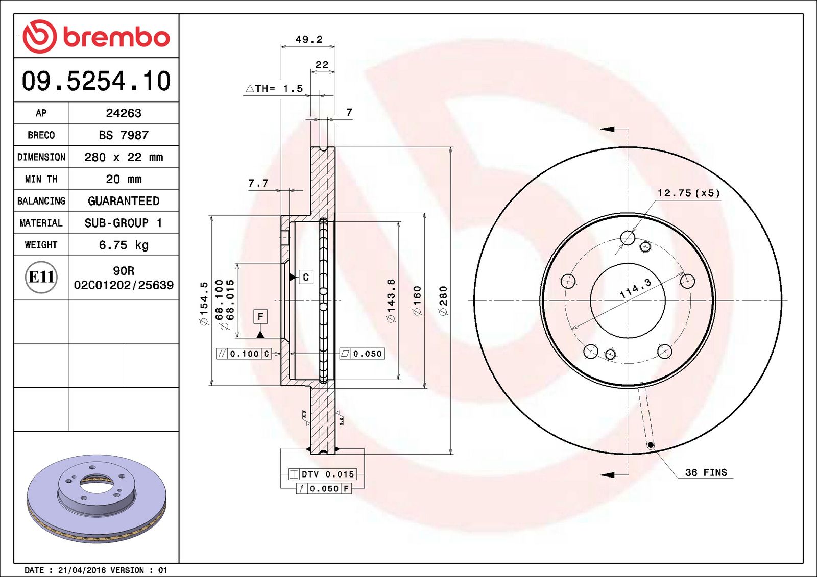 PRIME Front Disc Brake Rotor - 09.5254.10_06