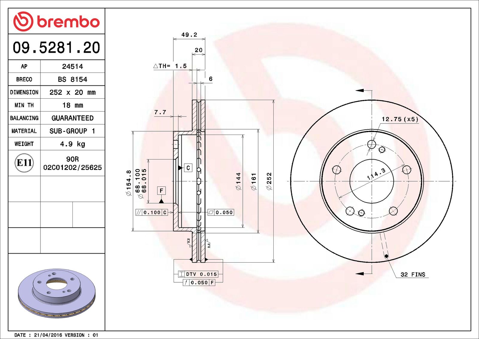 PRIME Front Disc Brake Rotor - 09.5281.20_06