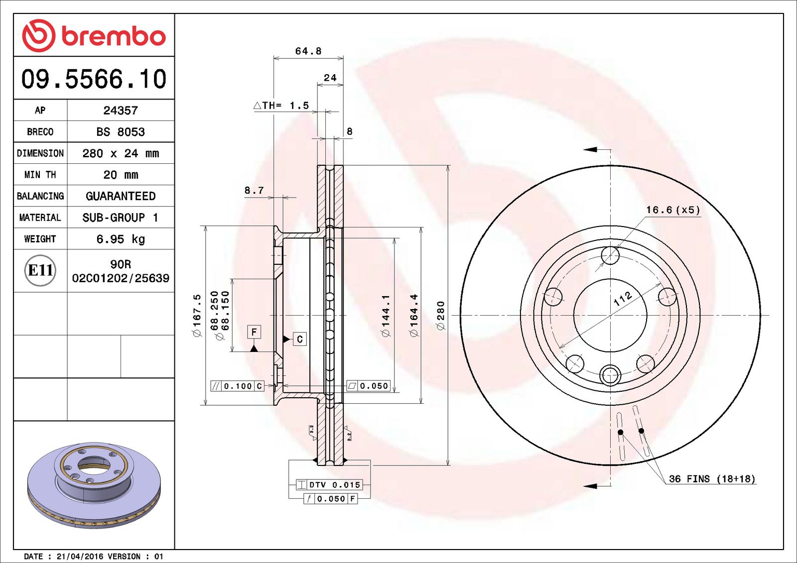 PRIME Front Disc Brake Rotor - 09.5566.10_05