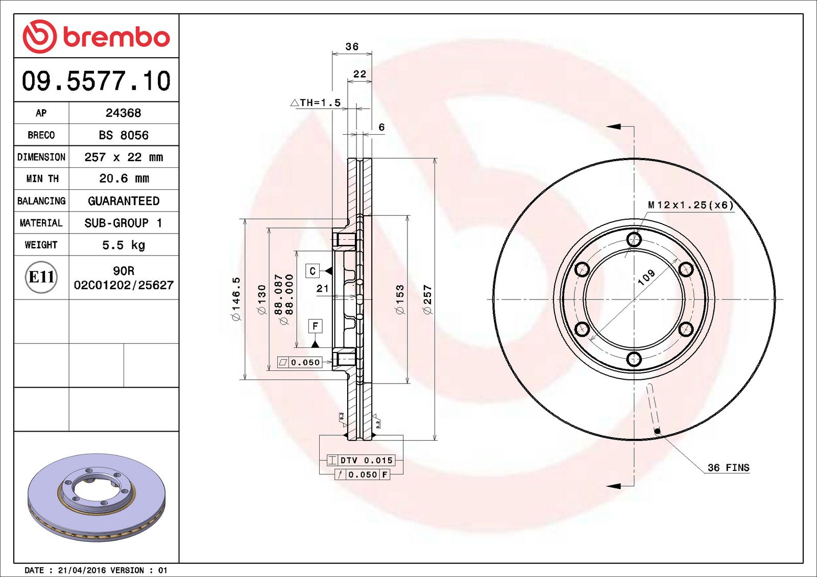 PRIME Front Disc Brake Rotor - 09.5577.10_06