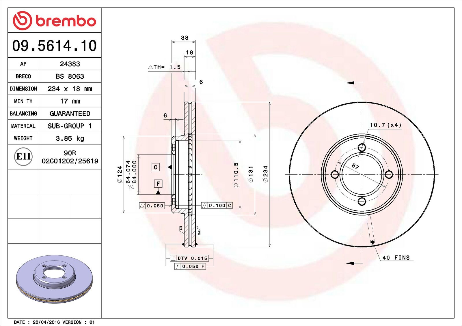 PRIME Front Disc Brake Rotor - 09.5614.10_06
