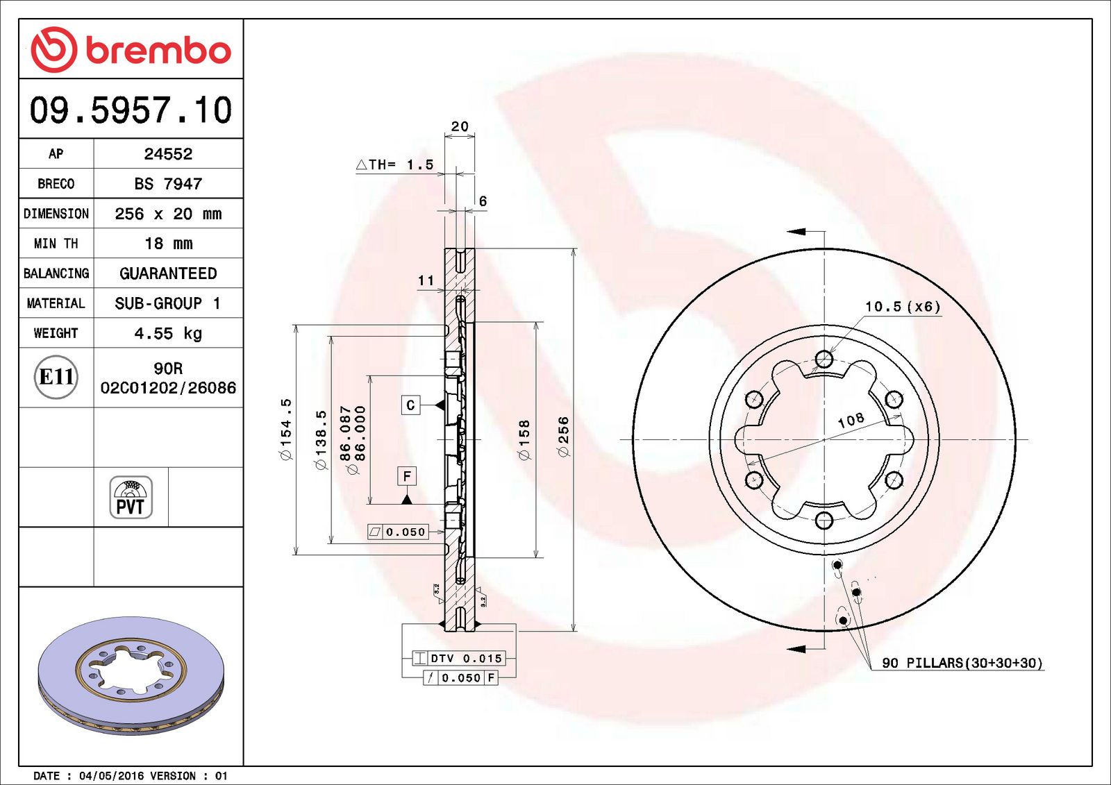 PRIME Front Disc Brake Rotor - 09.5957.10_06