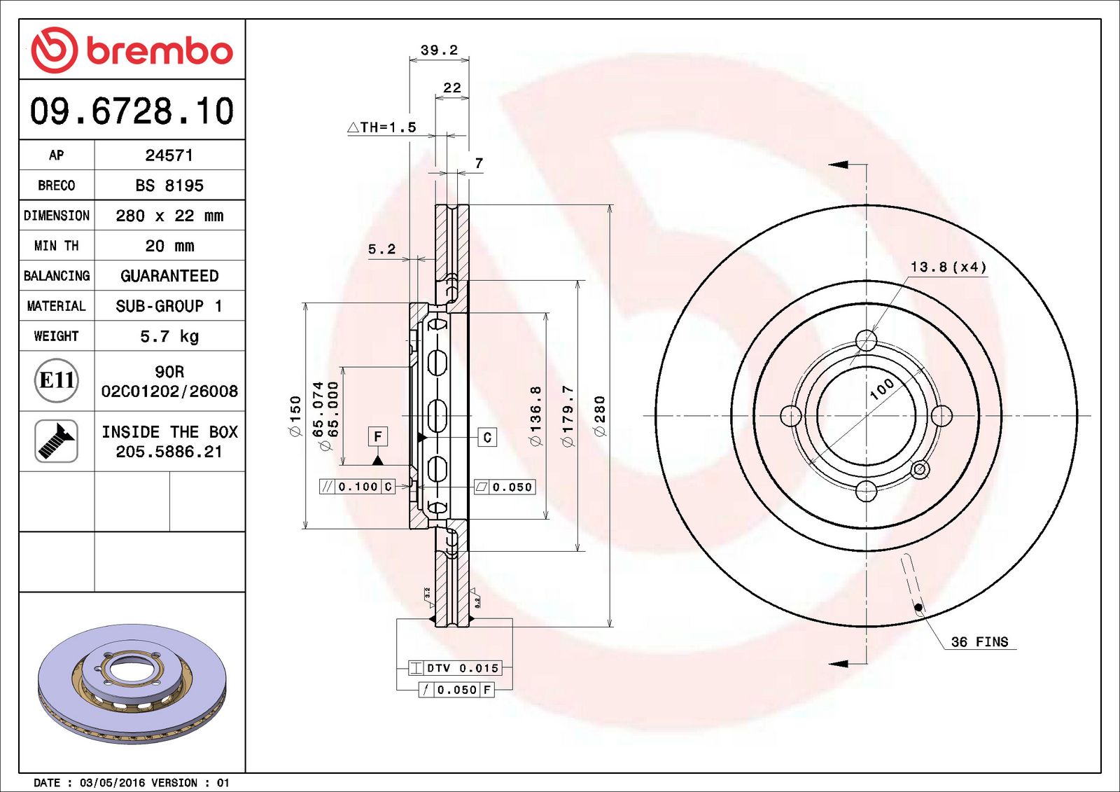 PRIME Front Disc Brake Rotor - 09.6728.10_06