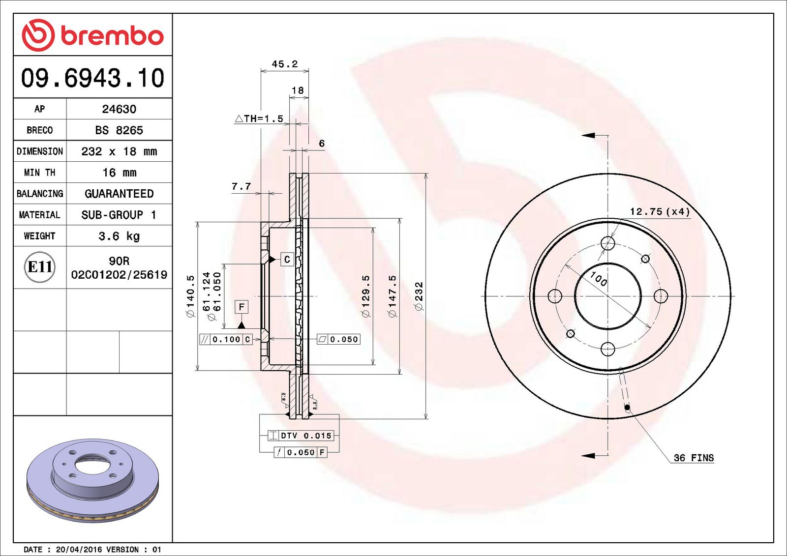 PRIME Front Disc Brake Rotor - 09.6943.10_06