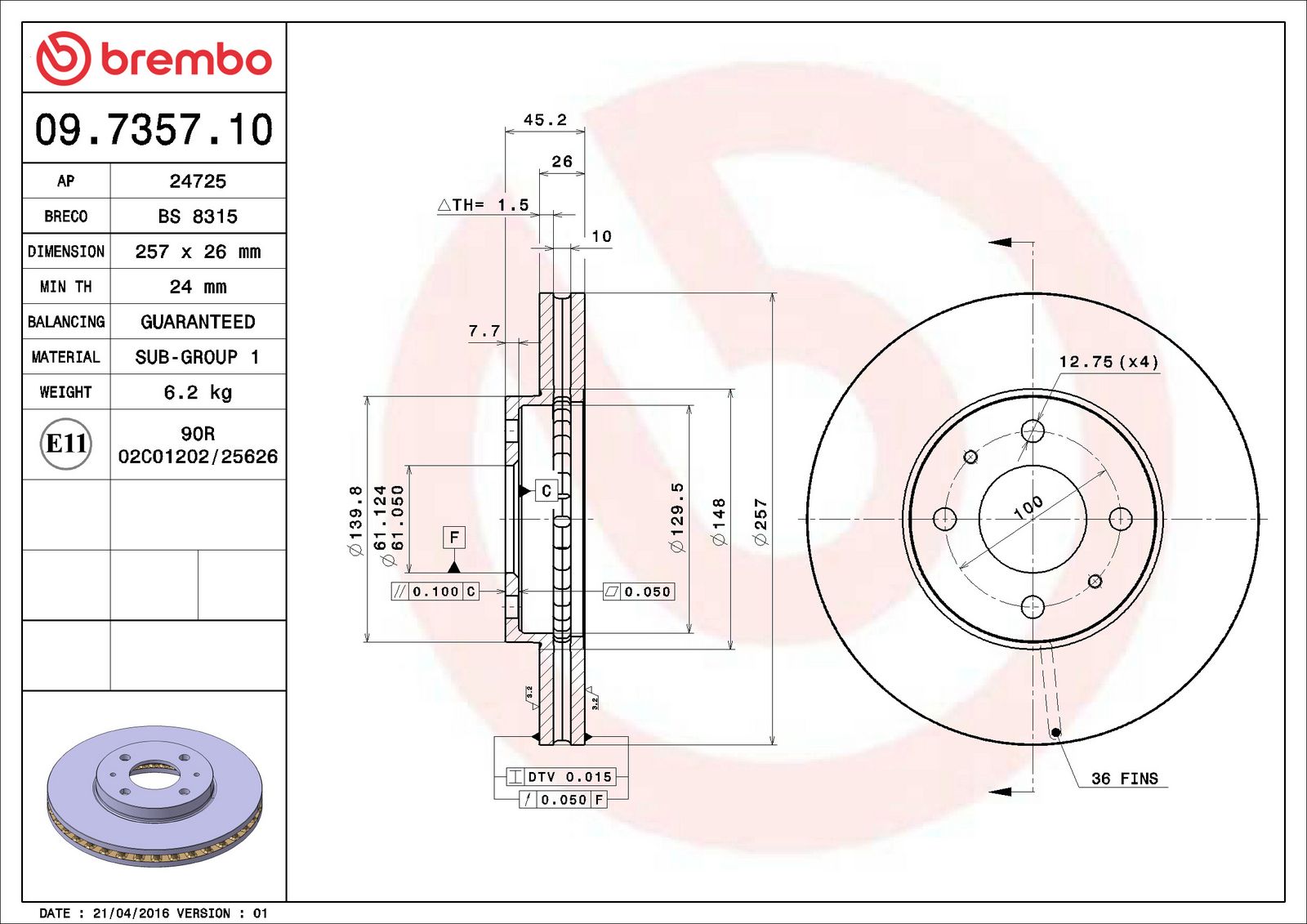 PRIME Front Disc Brake Rotor - 09.7357.10_02