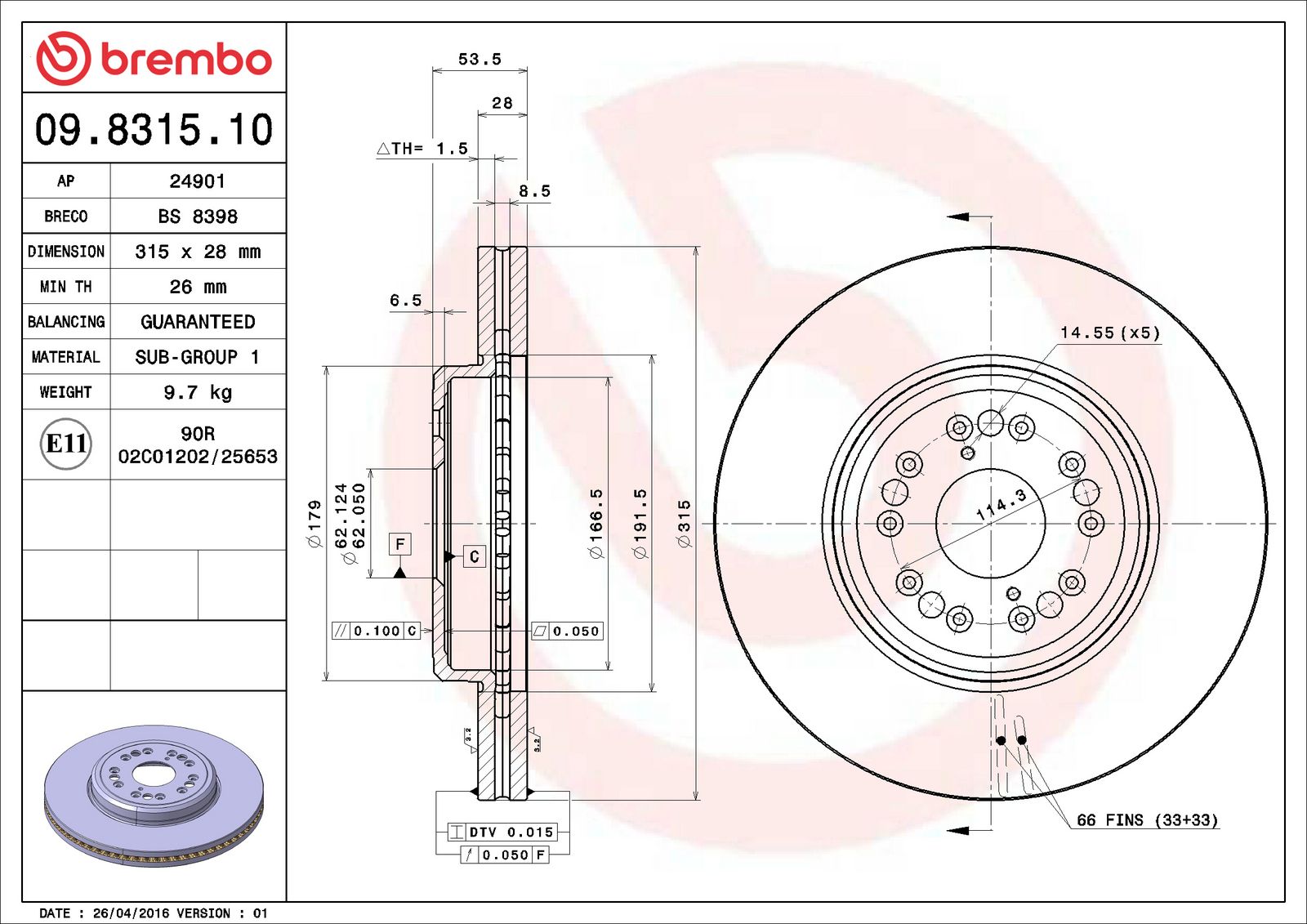 PRIME Front Disc Brake Rotor - 09.8315.10_06