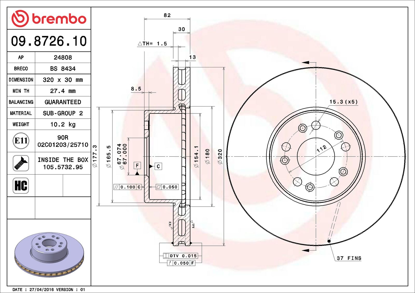 PRIME Front Disc Brake Rotor - 09.8726.10_06