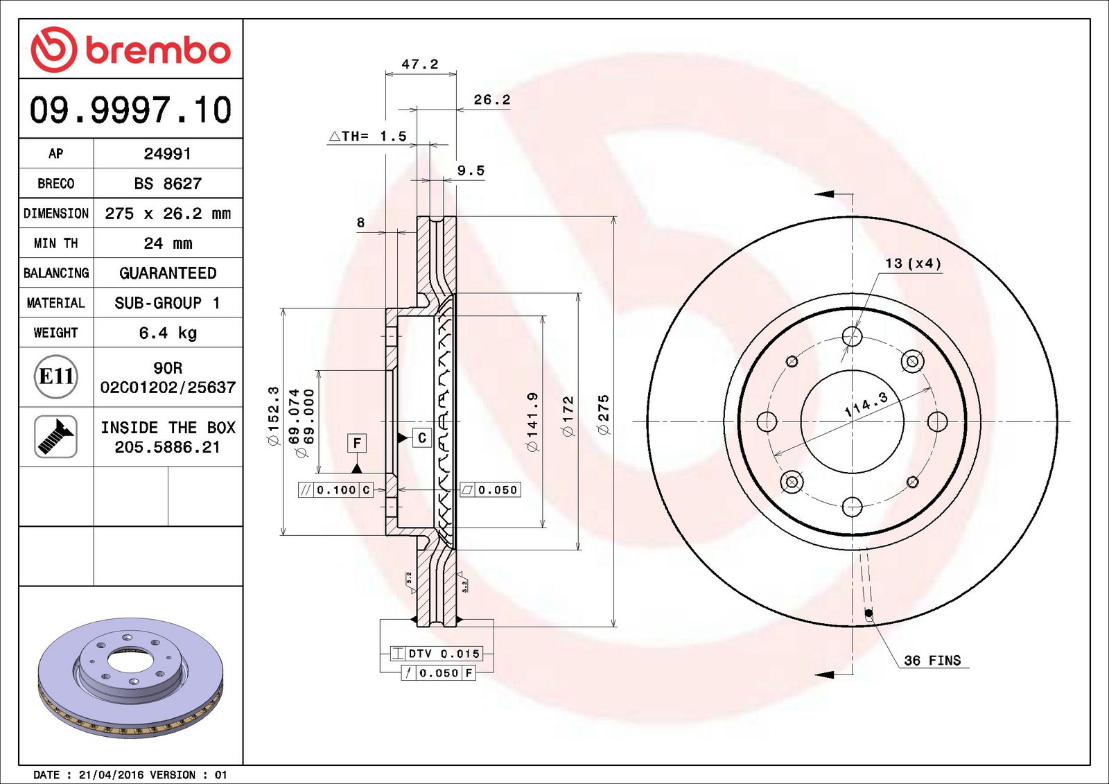 PRIME Front Disc Brake Rotor - 09.9997.10_02
