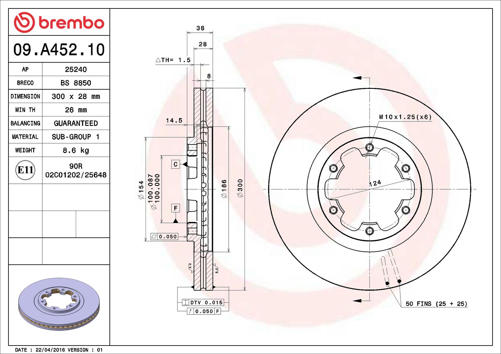 PRIME Front Disc Brake Rotor - 09.A452.10_06