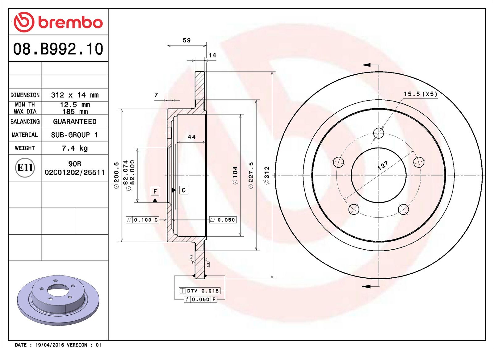 PRIME Rear Disc Brake Rotor - 08.B992.10_06