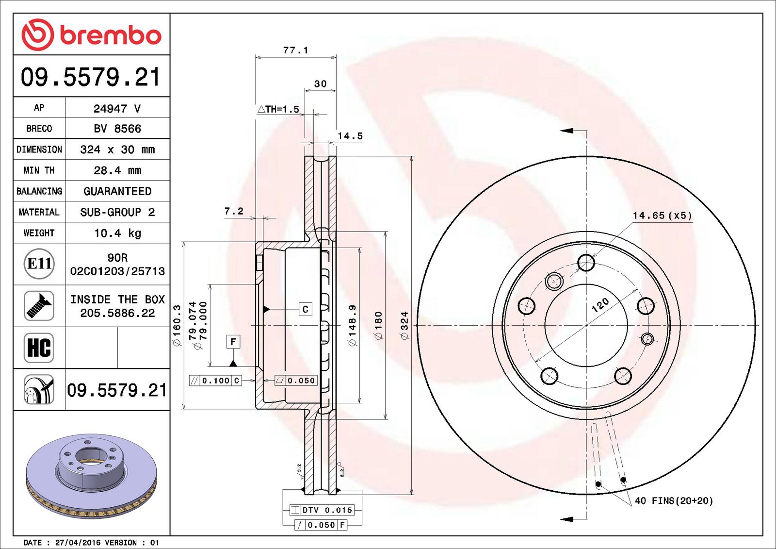 PRIME UV Coated Front Disc Brake Rotor - 09.5579.21_06