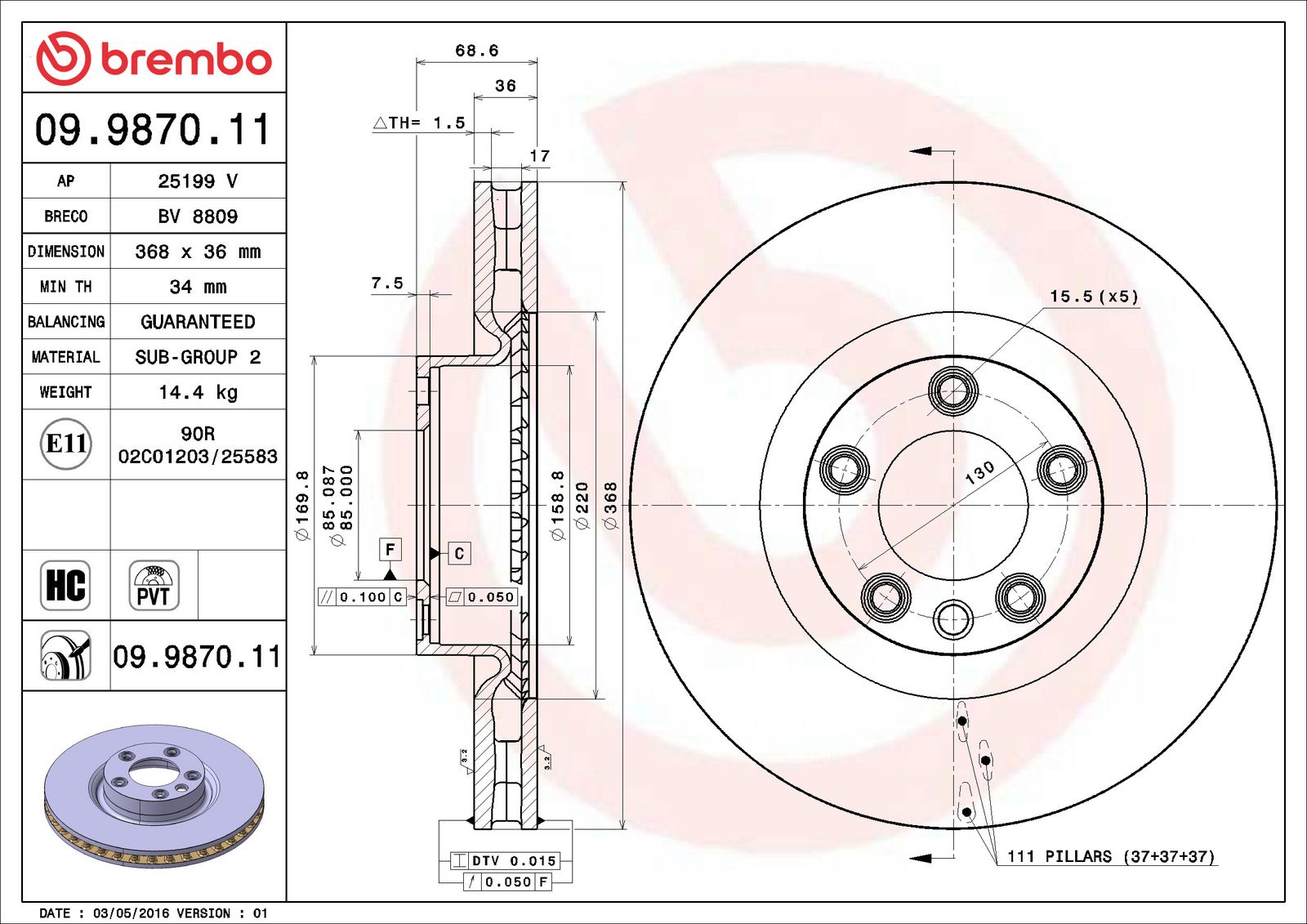 PRIME UV Coated Front Disc Brake Rotor - 09.9870.11_06