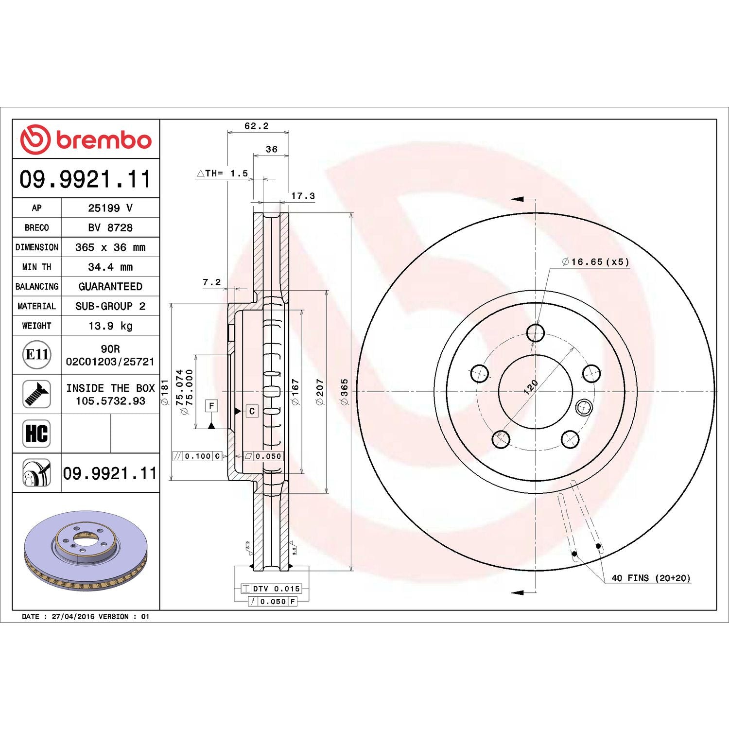 PRIME UV Coated Front Disc Brake Rotor - 09.9921.11_02