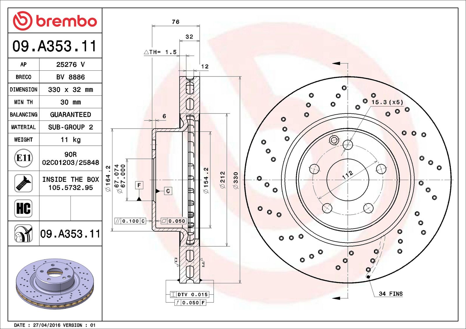 PRIME UV Coated Front Disc Brake Rotor - 09.A353.11_06