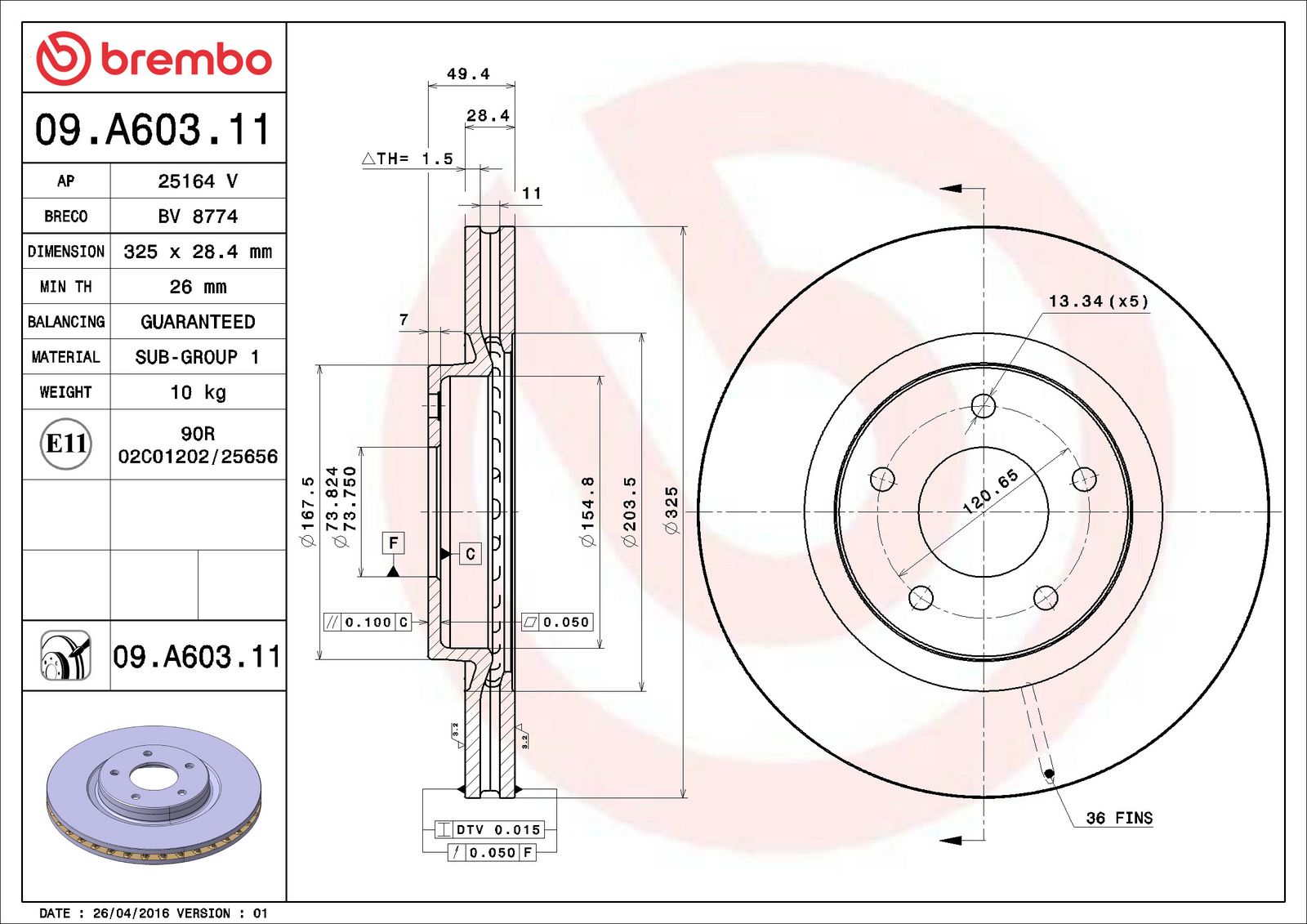 PRIME UV Coated Front Disc Brake Rotor - 09.A603.11_06