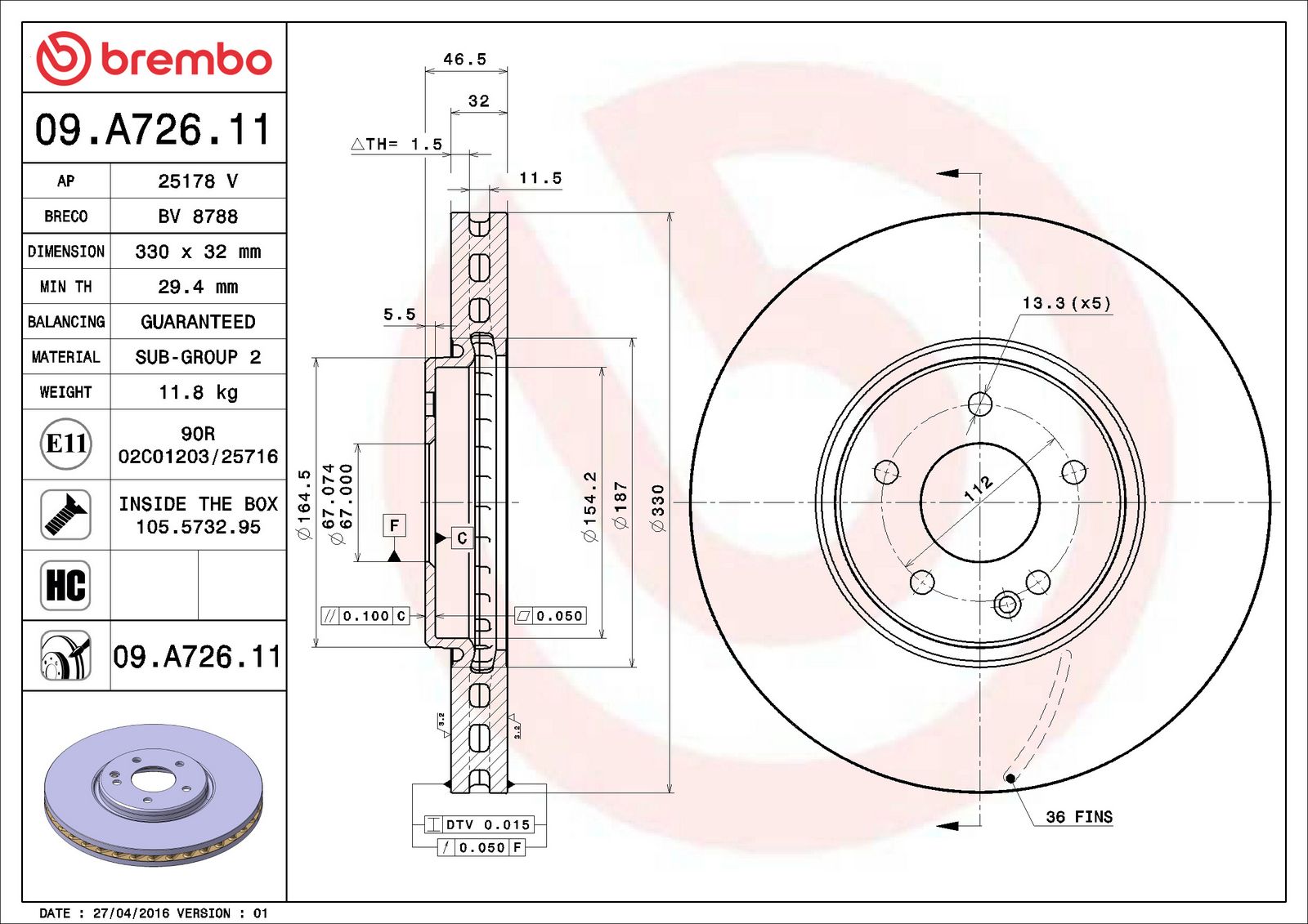 PRIME UV Coated Front Disc Brake Rotor - 09.A726.11_06