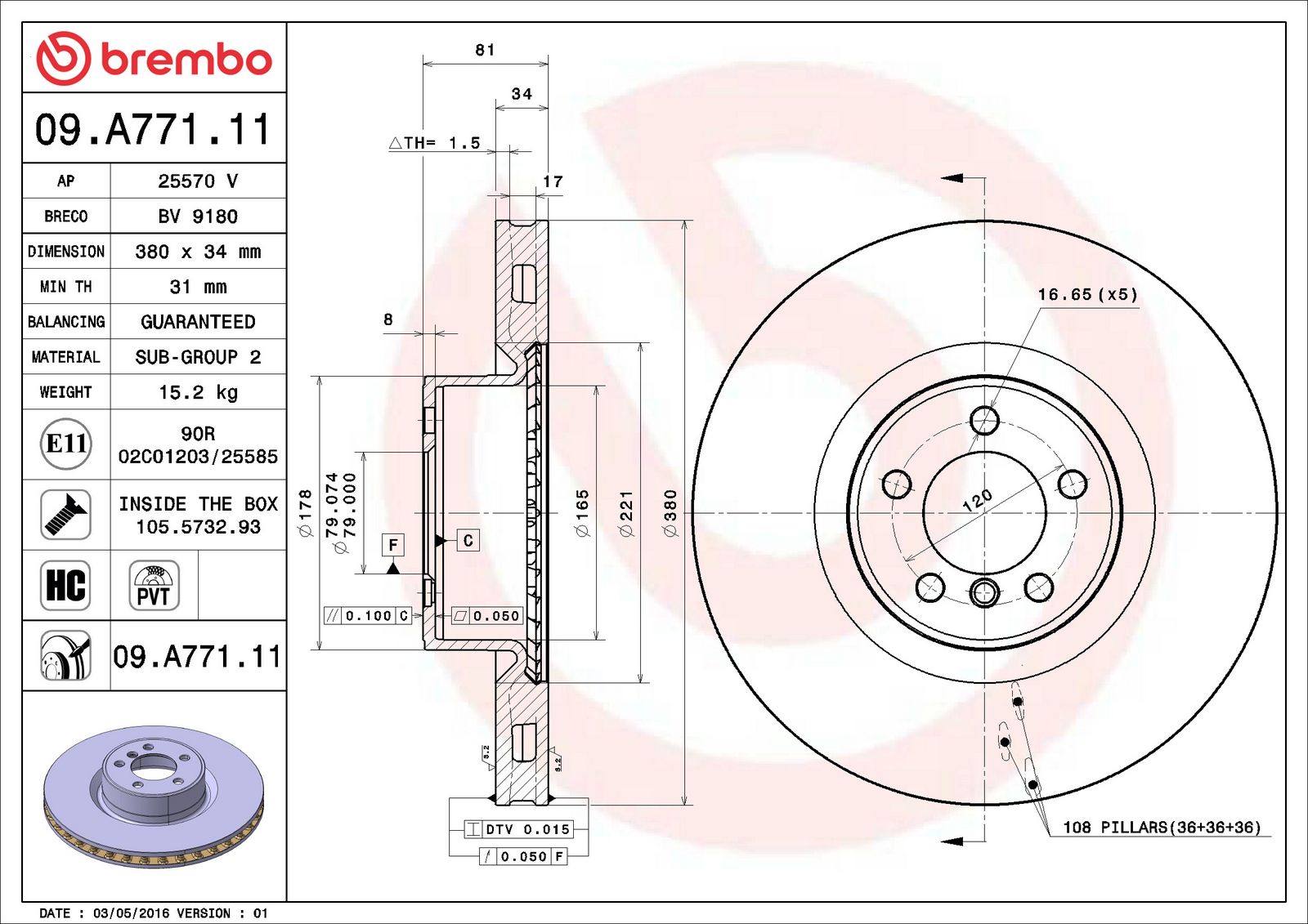 PRIME UV Coated Front Disc Brake Rotor - 09.A771.11_06