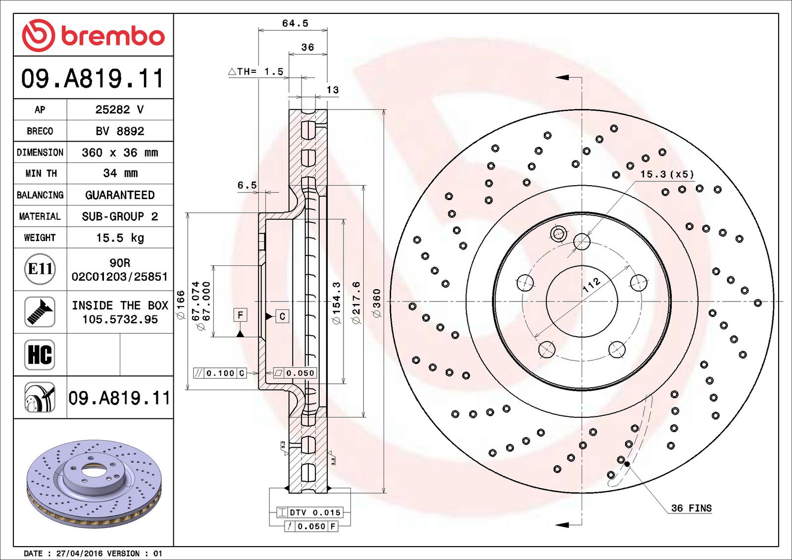 PRIME UV Coated Front Disc Brake Rotor - 09.A819.11_06