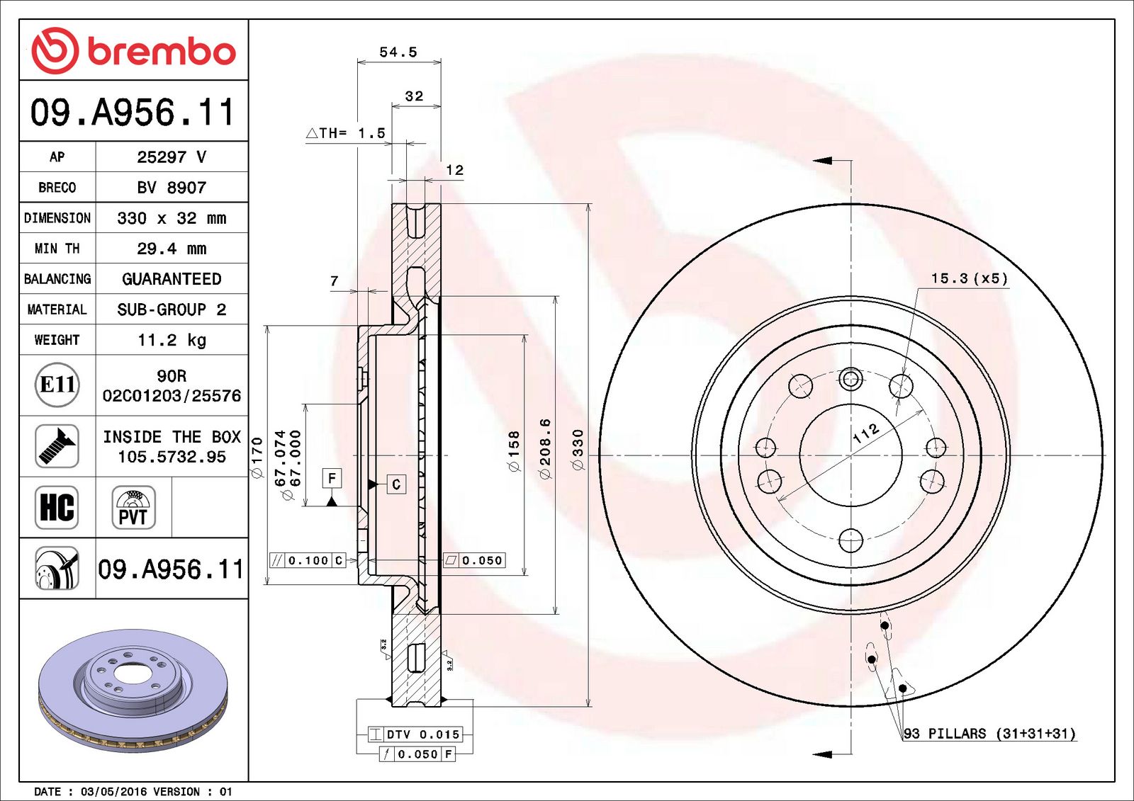 PRIME UV Coated Front Disc Brake Rotor - 09.A956.11_06