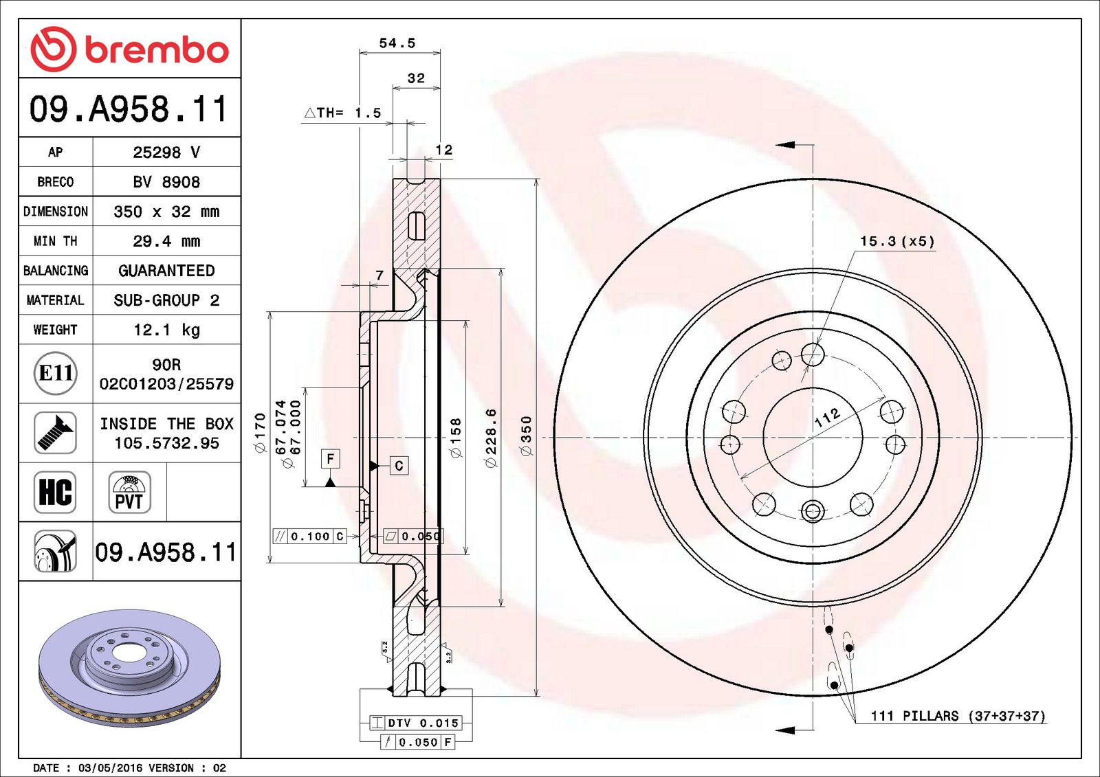 PRIME UV Coated Front Disc Brake Rotor - 09.A958.11_06