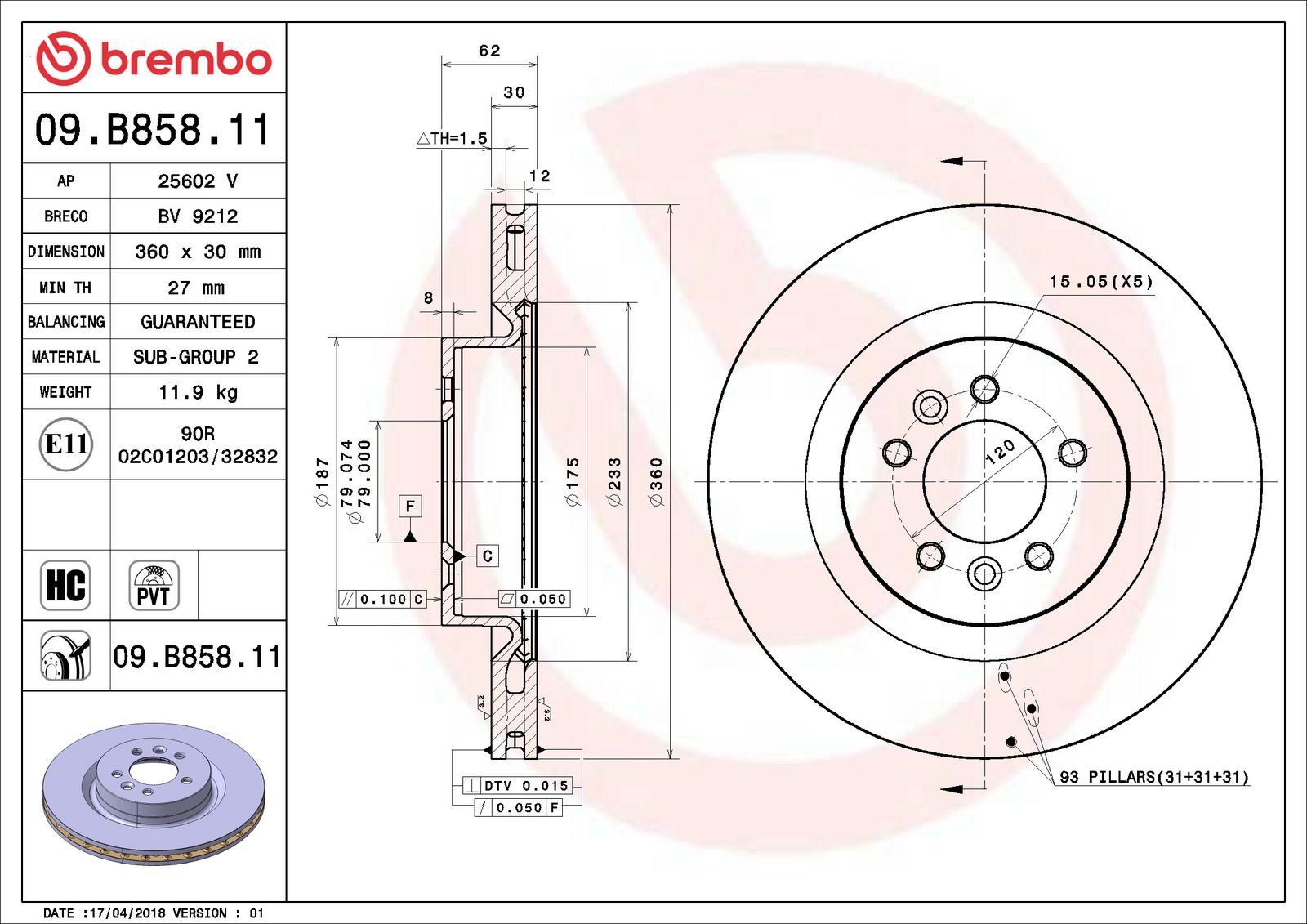PRIME UV Coated Front Disc Brake Rotor - 09.B858.11_06