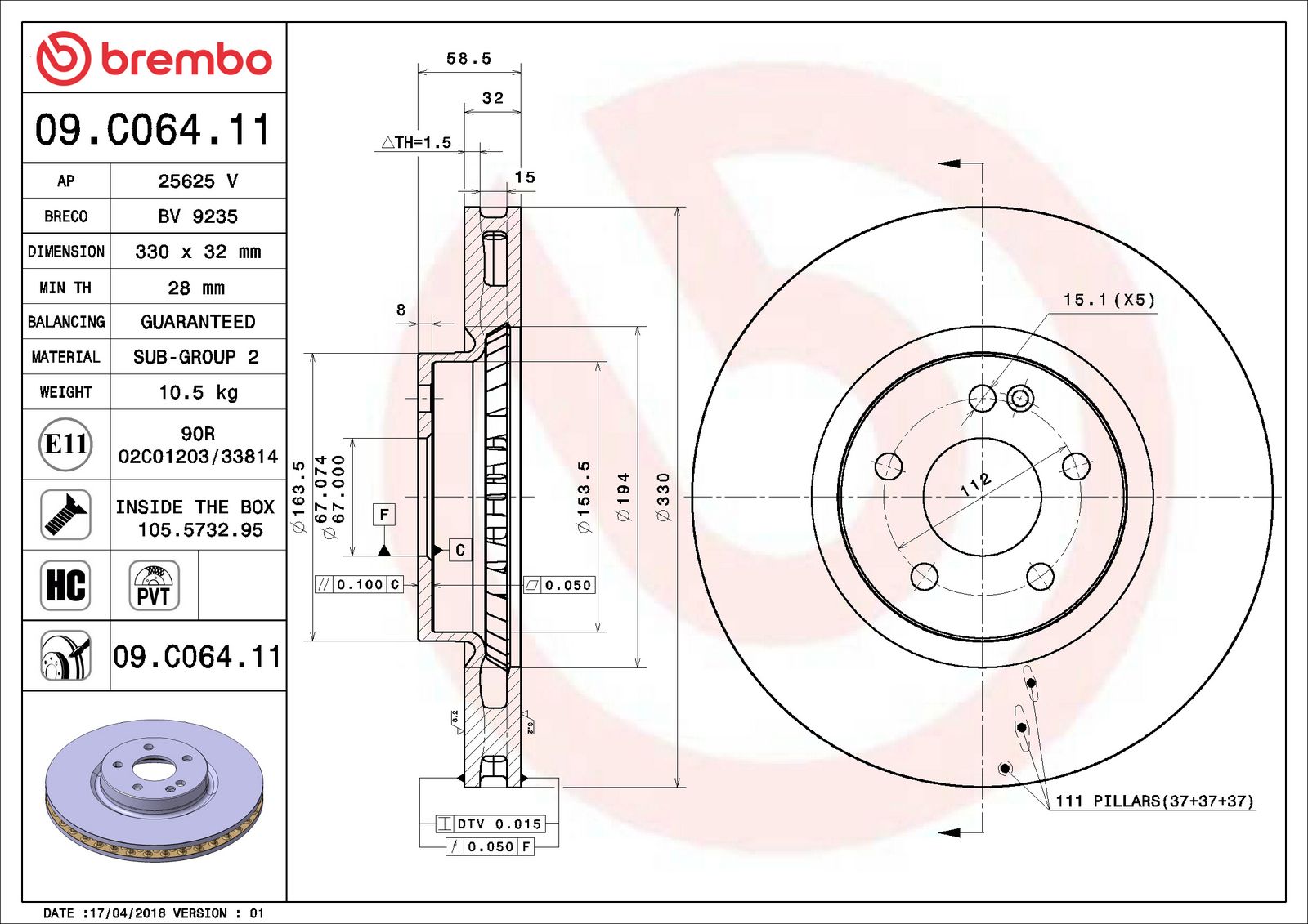 PRIME UV Coated Front Disc Brake Rotor - 09.C064.11_06