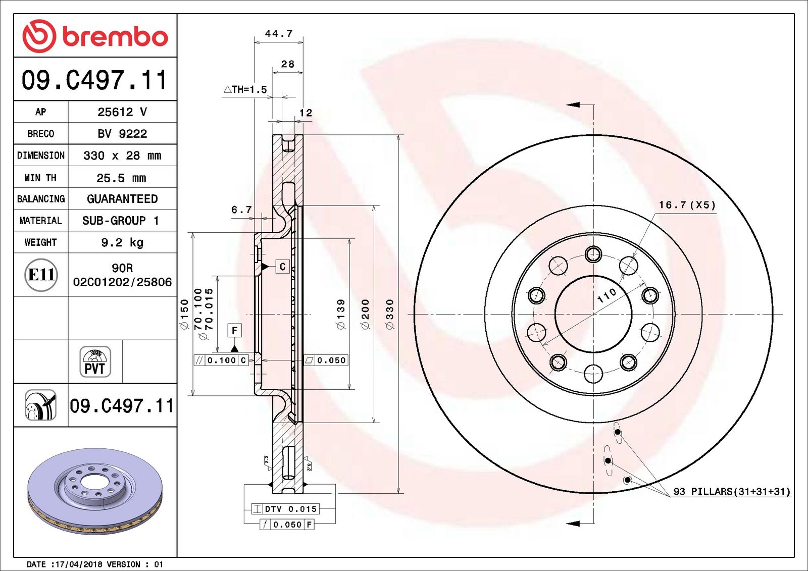 PRIME UV Coated Front Disc Brake Rotor - 09.C497.11_01