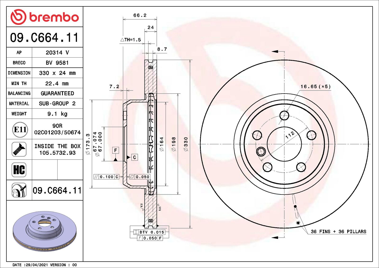 PRIME UV Coated Front Disc Brake Rotor - 09.C664.11_01