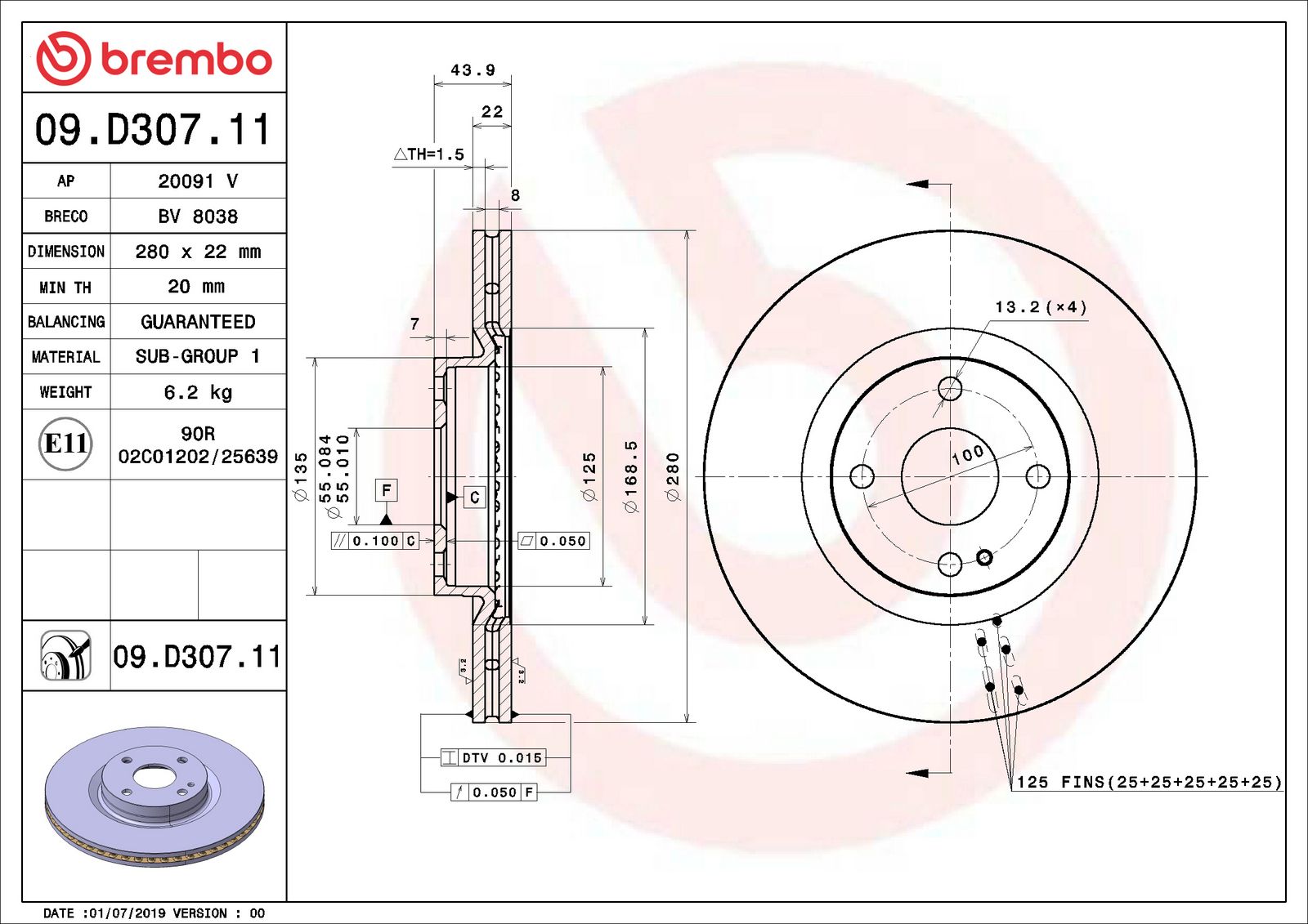 PRIME UV Coated Front Disc Brake Rotor - 09.D307.11_06