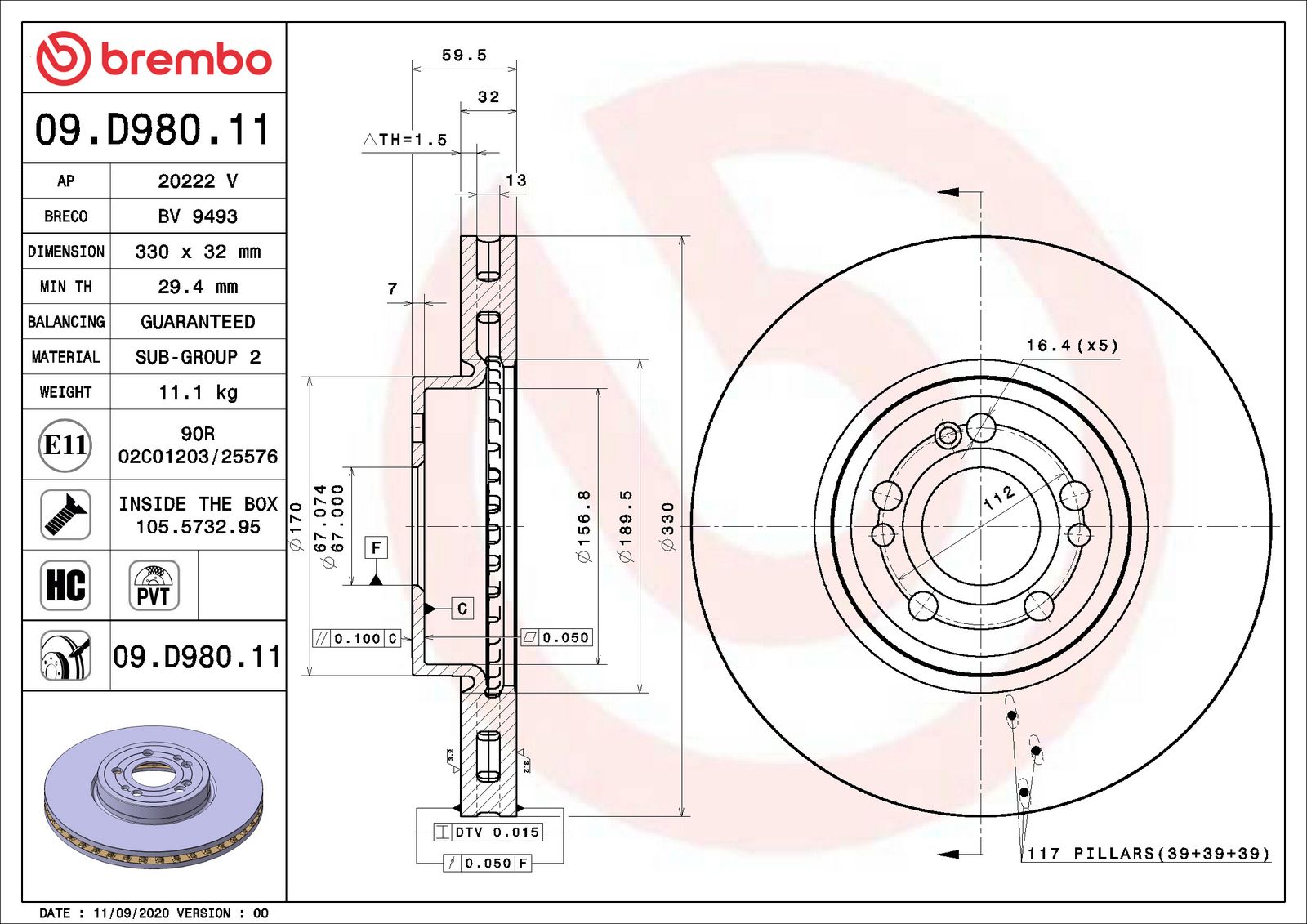 PRIME UV Coated Front Disc Brake Rotor - 09.D980.11_02