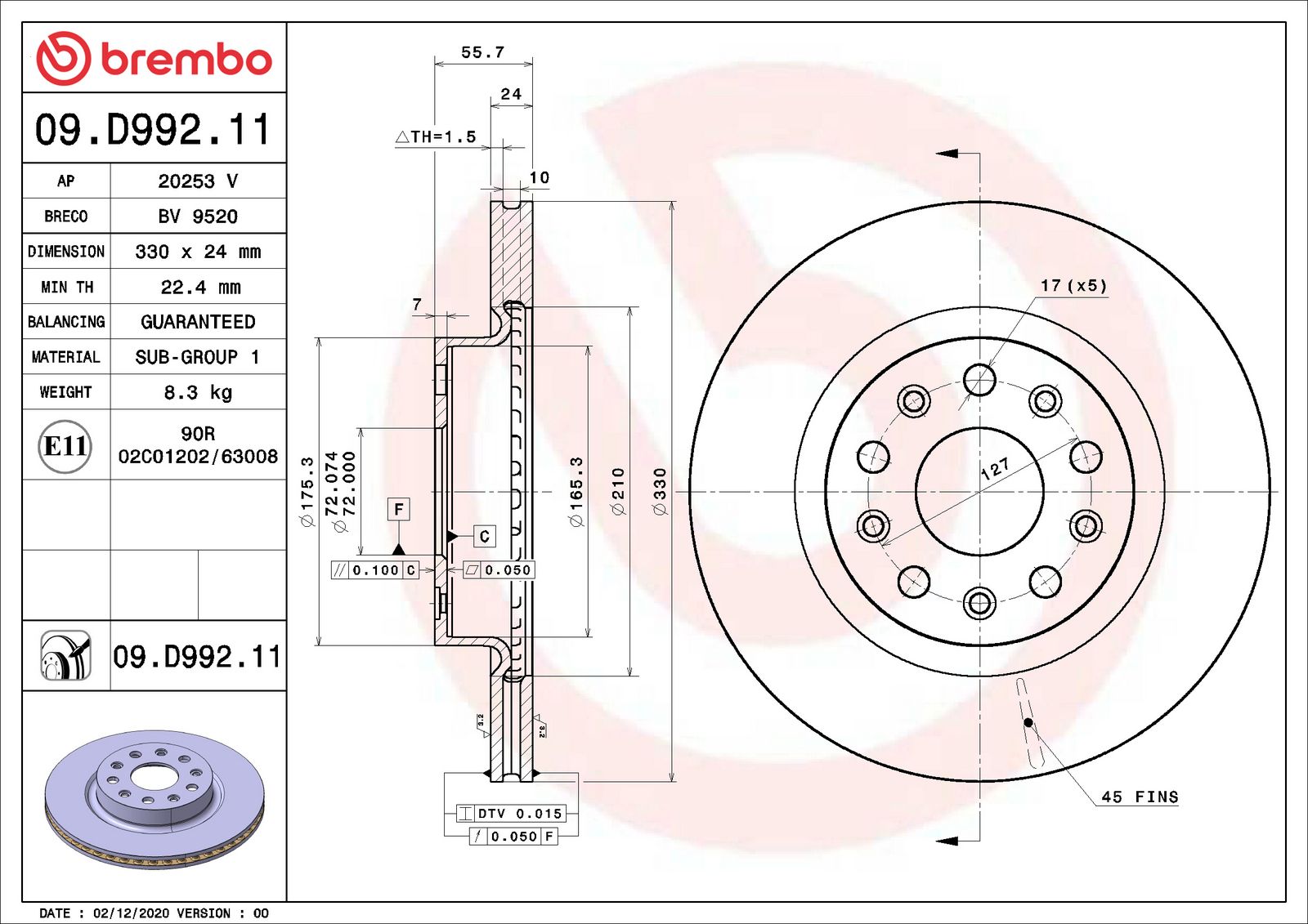 PRIME UV Coated Front Disc Brake Rotor - 09.D992.11_02