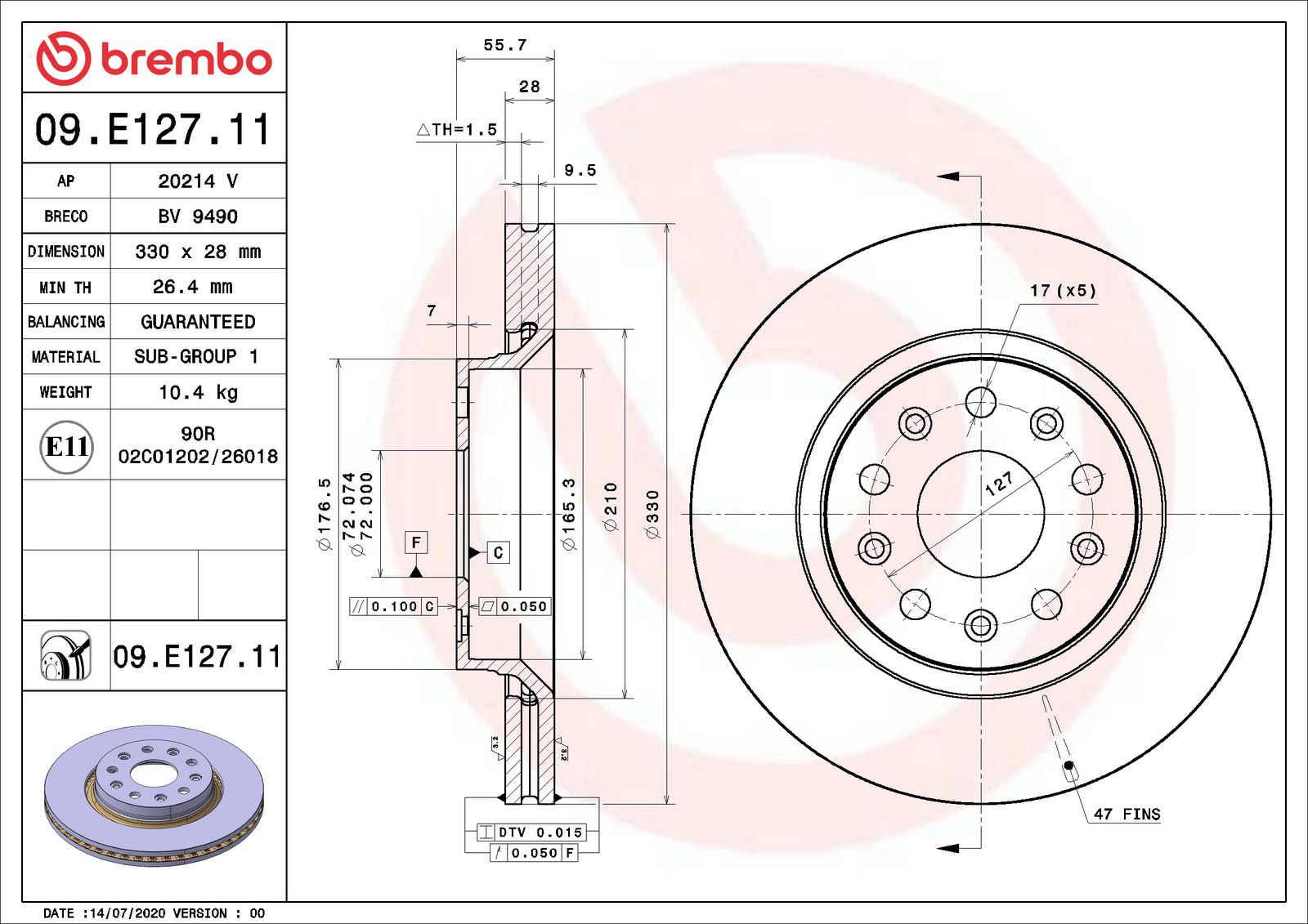 PRIME UV Coated Front Disc Brake Rotor - 09.E127.11_06