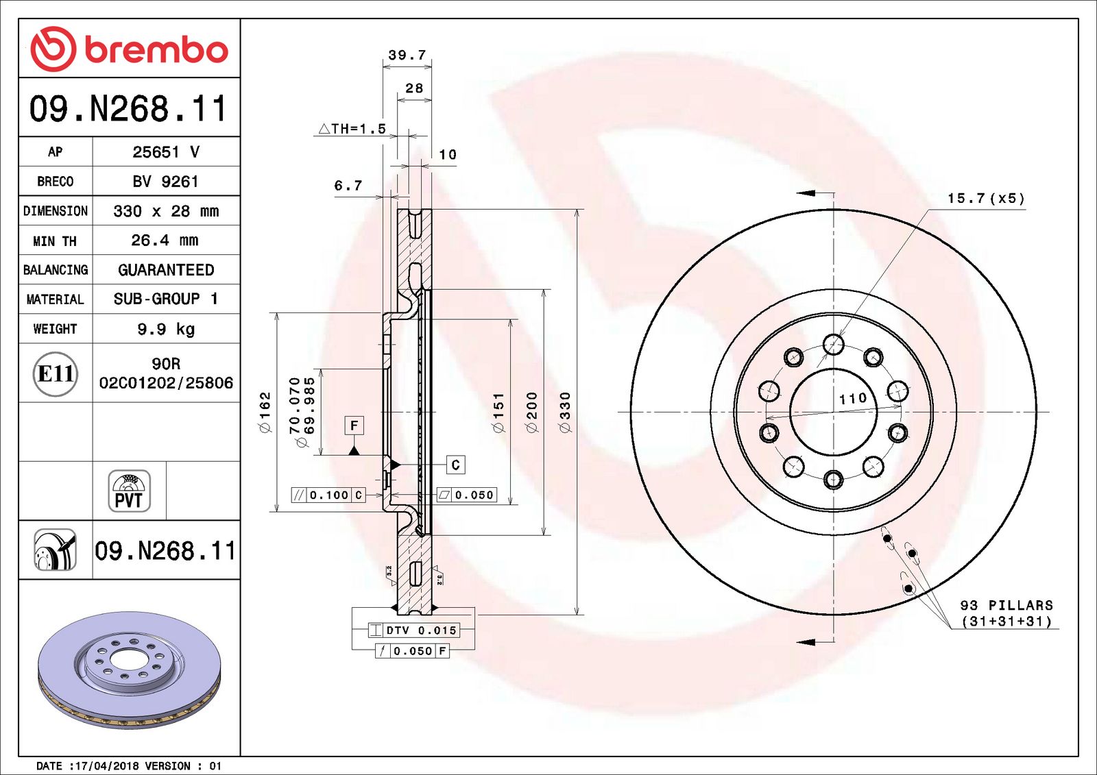 PRIME UV Coated Front Disc Brake Rotor - 09.N268.11_07