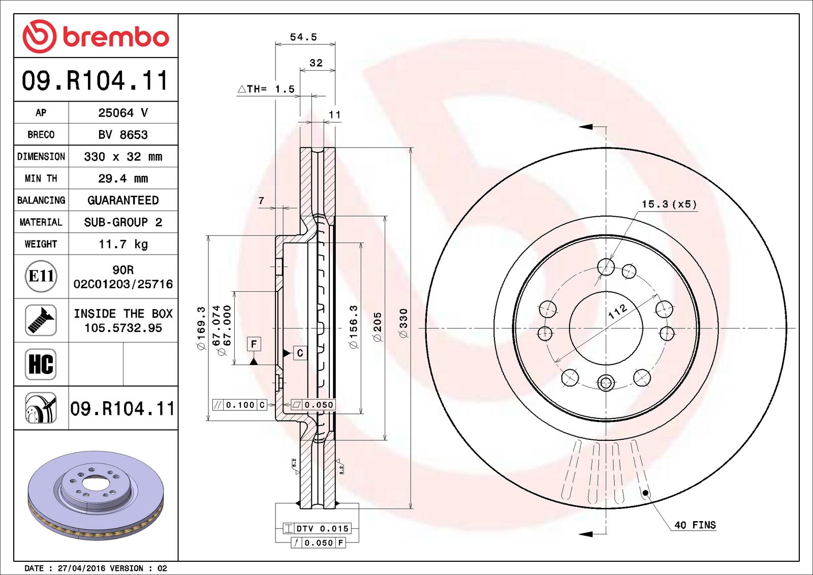 PRIME UV Coated Front Disc Brake Rotor - 09.R104.11_06