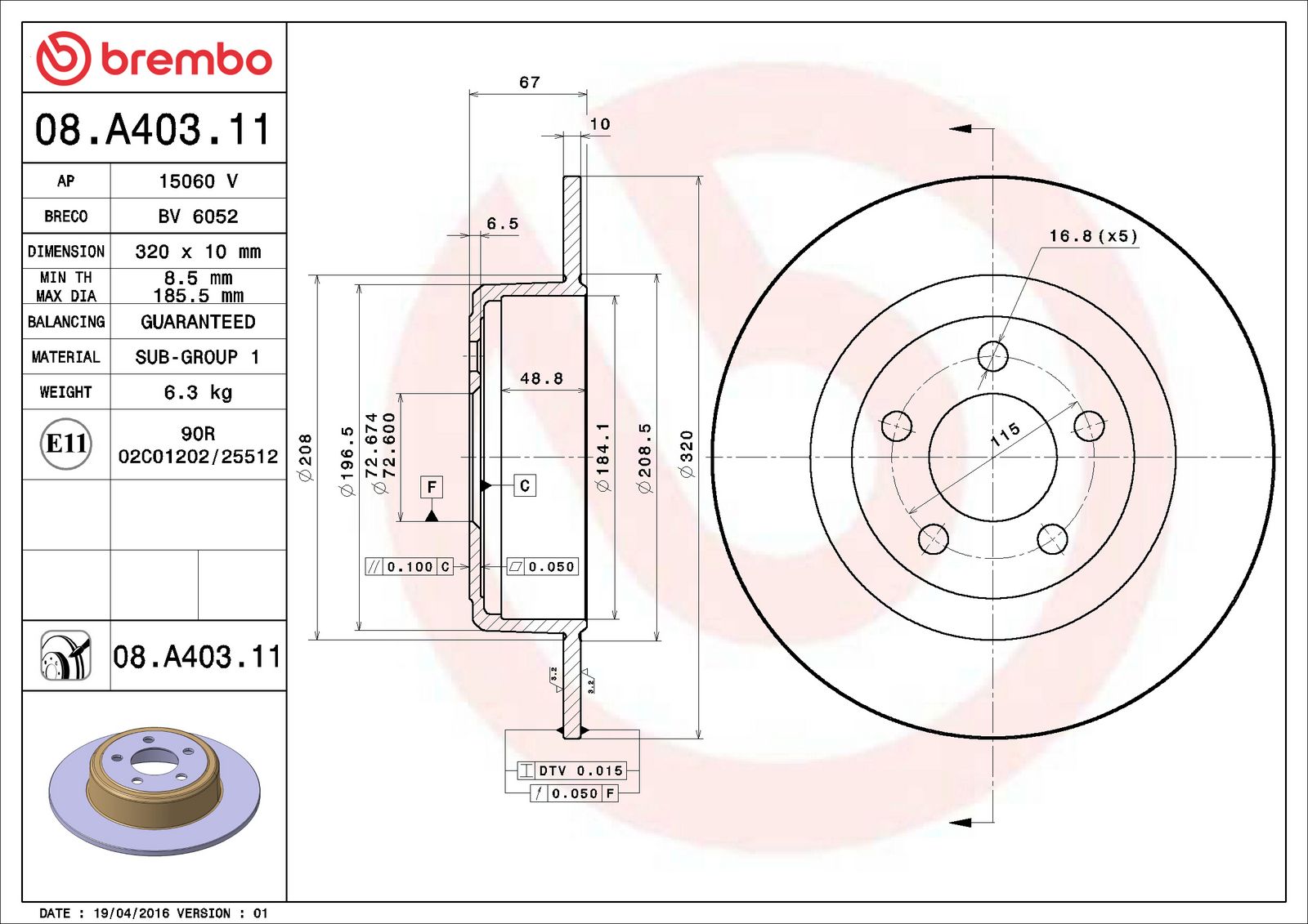PRIME UV Coated Rear Disc Brake Rotor - 08.A403.11_06