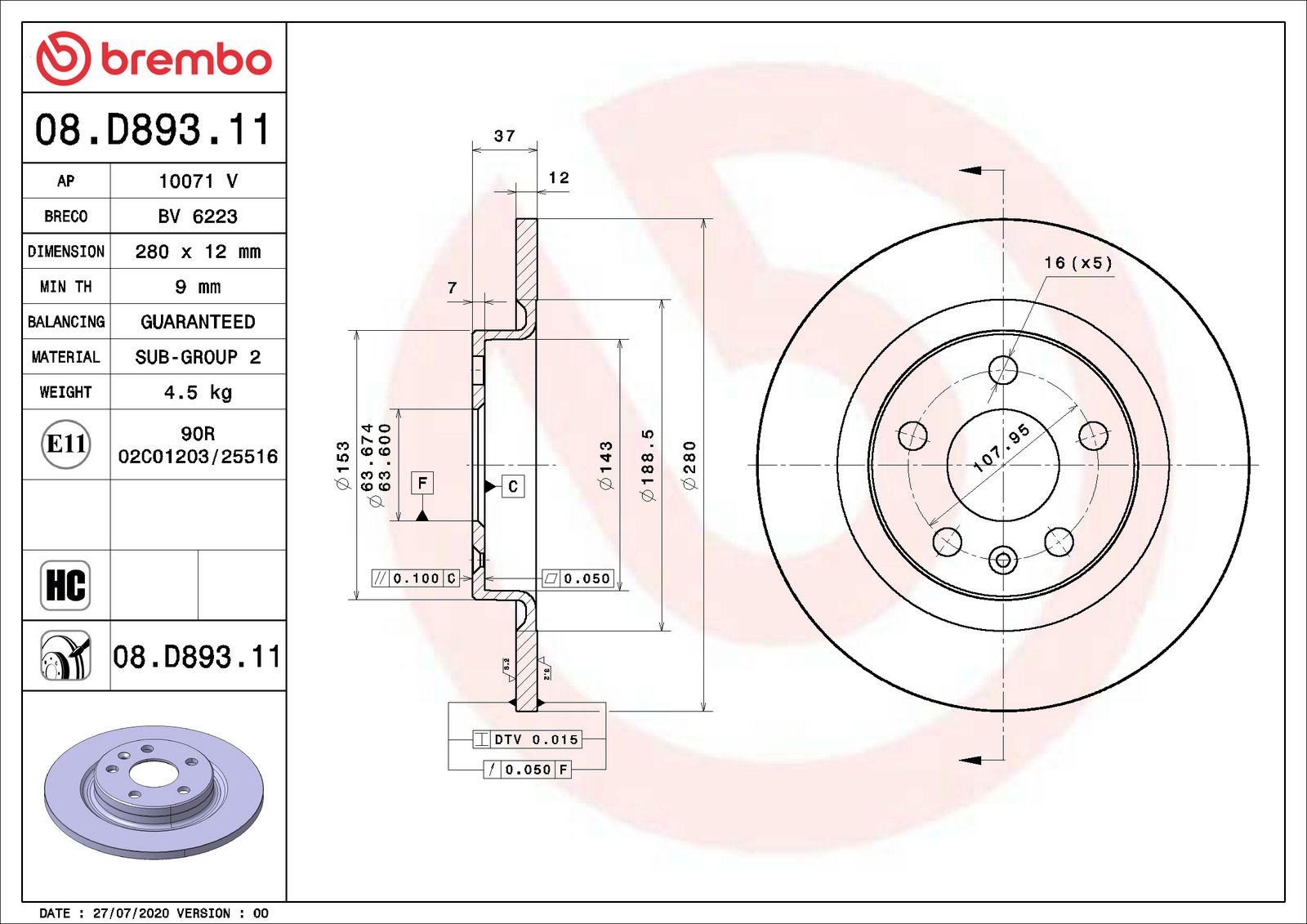PRIME UV Coated Rear Disc Brake Rotor - 08.D893.11_06