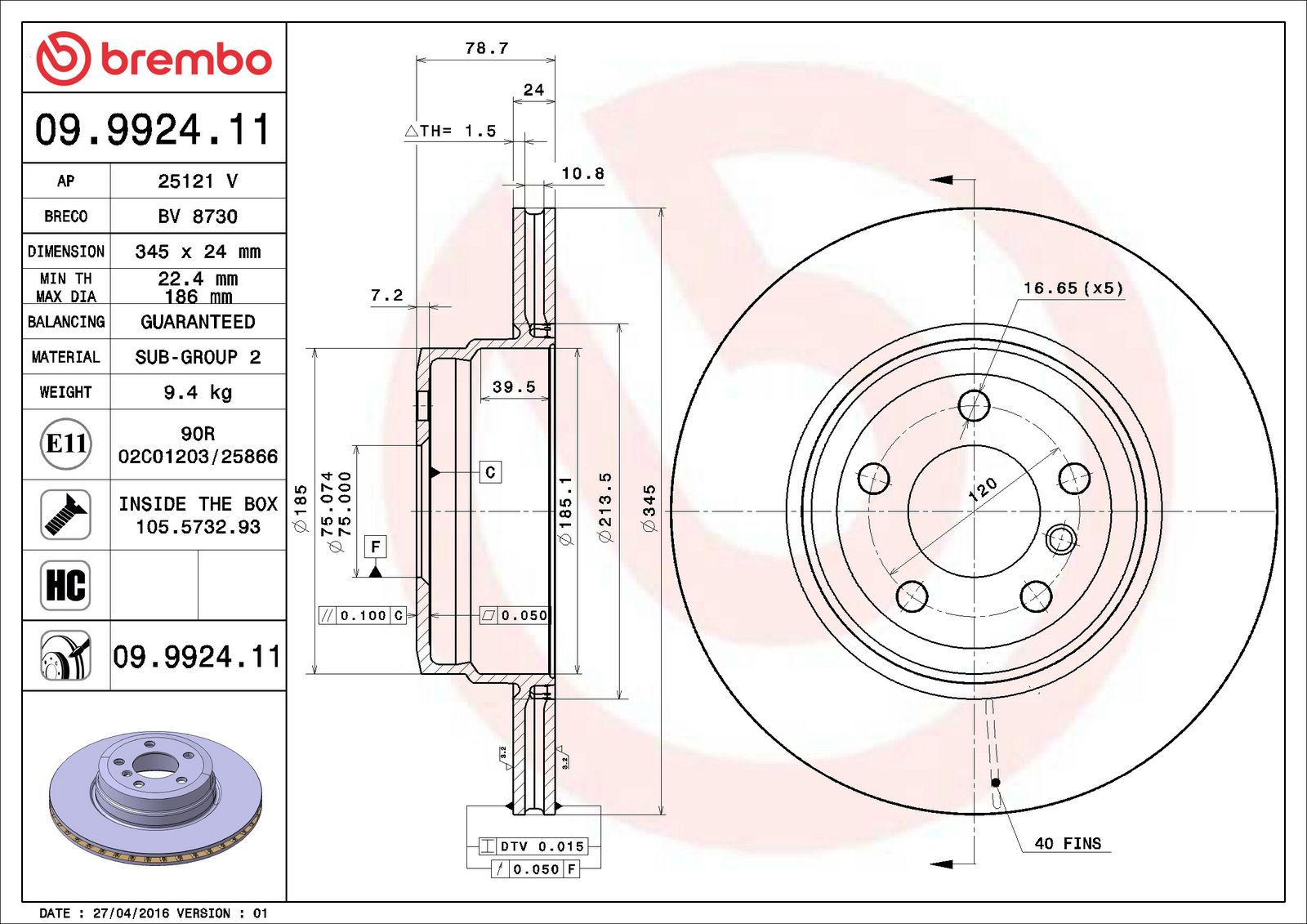 PRIME UV Coated Rear Disc Brake Rotor - 09.9924.11_06
