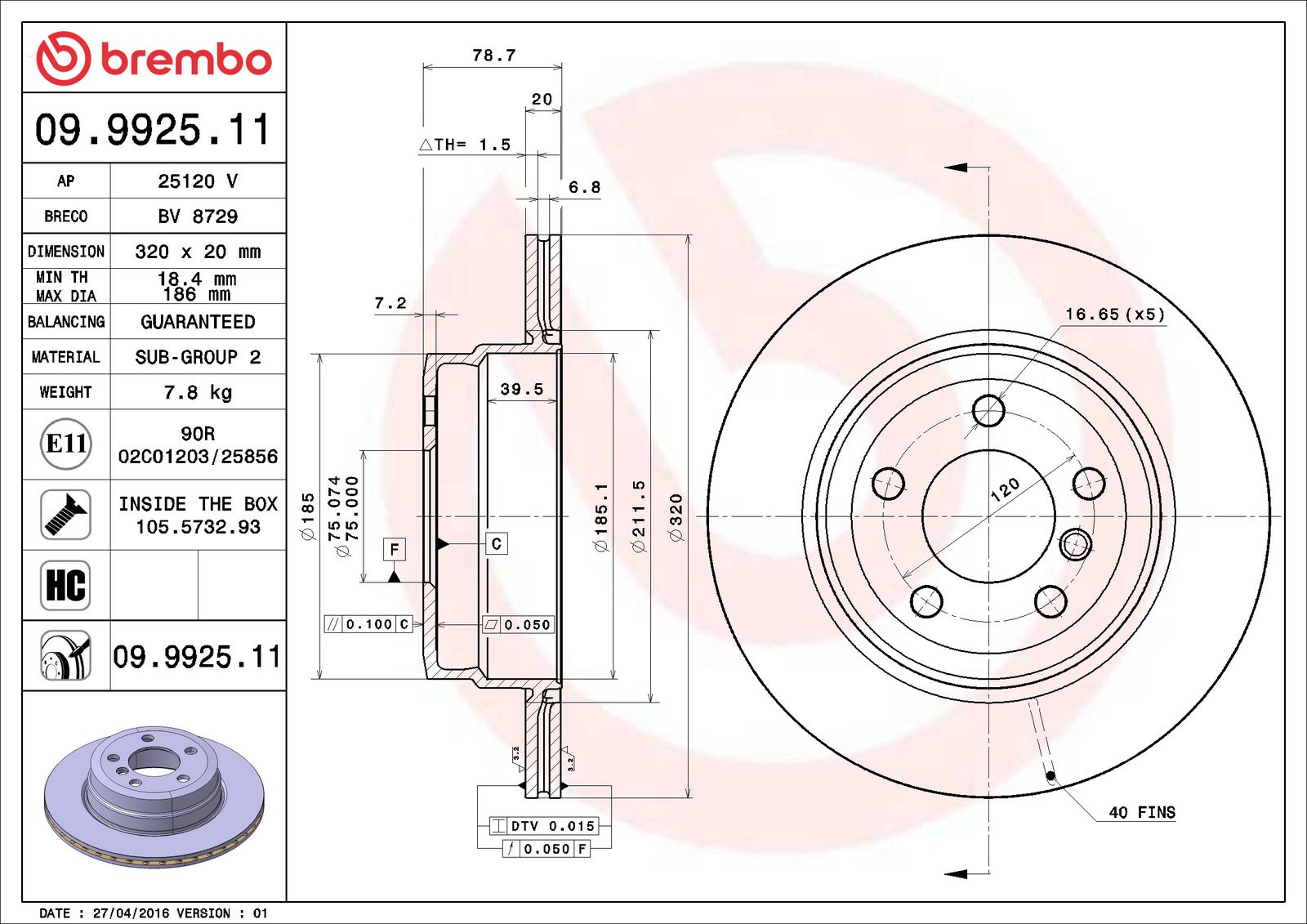PRIME UV Coated Rear Disc Brake Rotor - 09.9925.11_06