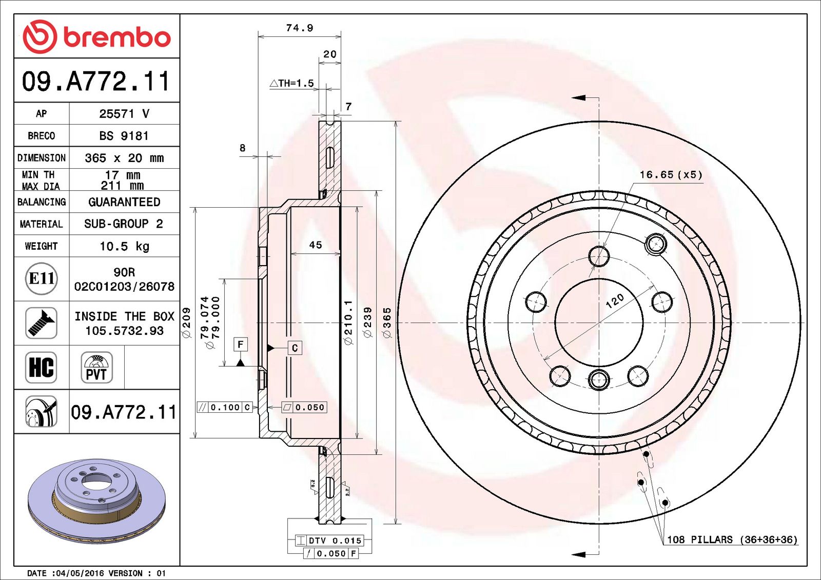 PRIME UV Coated Rear Disc Brake Rotor - 09.A772.11_06
