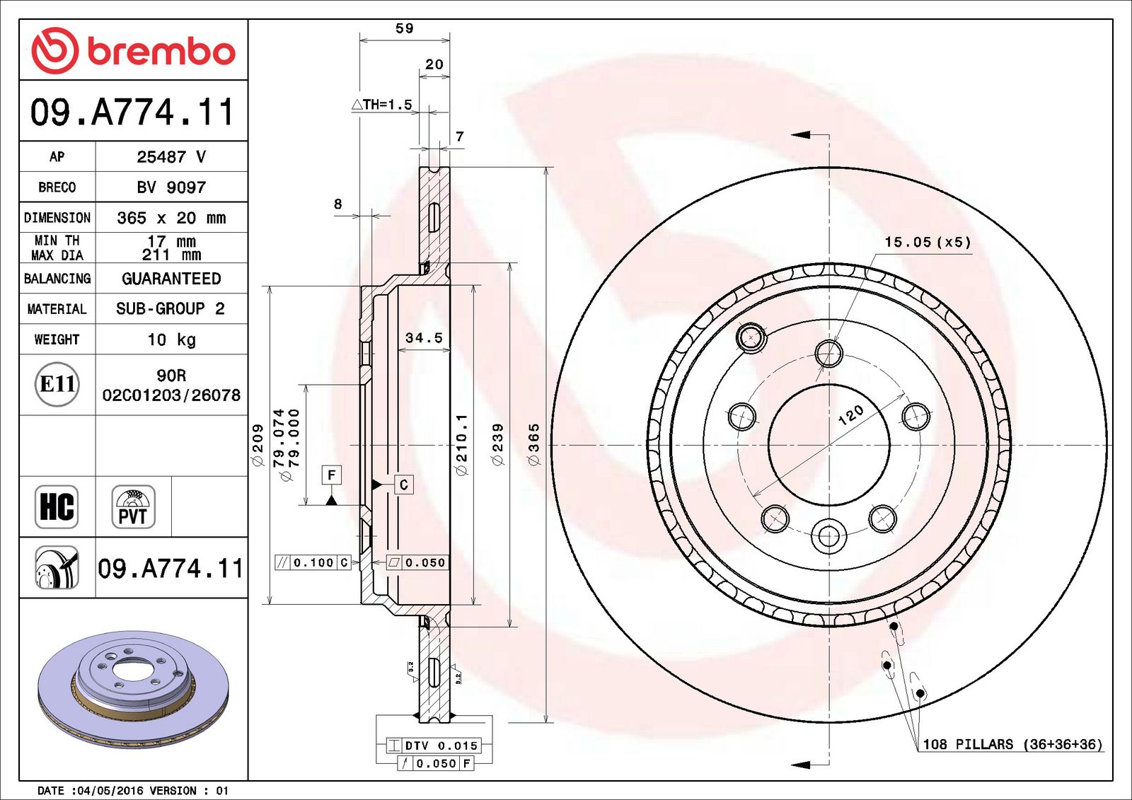 PRIME UV Coated Rear Disc Brake Rotor - 09.A774.11_06