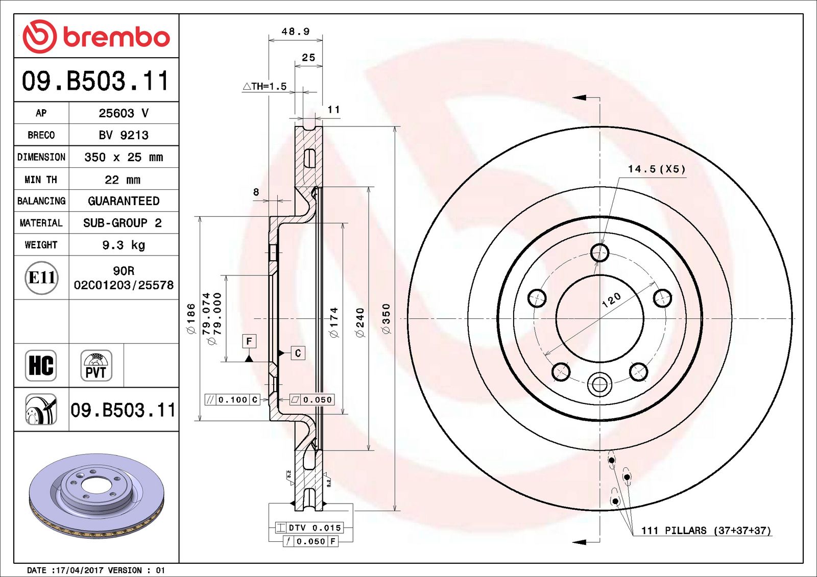 PRIME UV Coated Rear Disc Brake Rotor - 09.B503.11_06